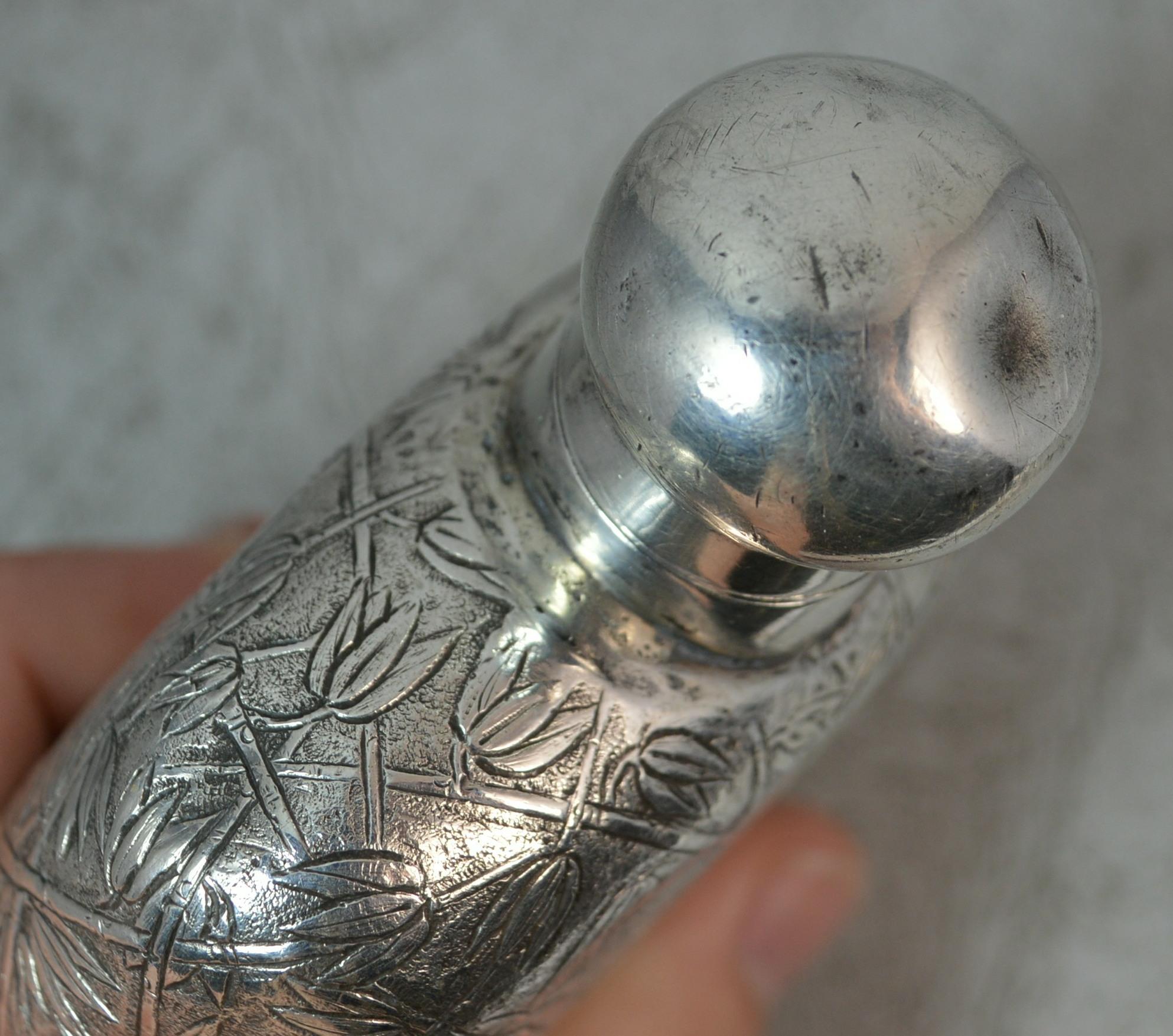 Impressive Heavy Solid Silver Japanese Made Hipflask In Fair Condition For Sale In St Helens, GB