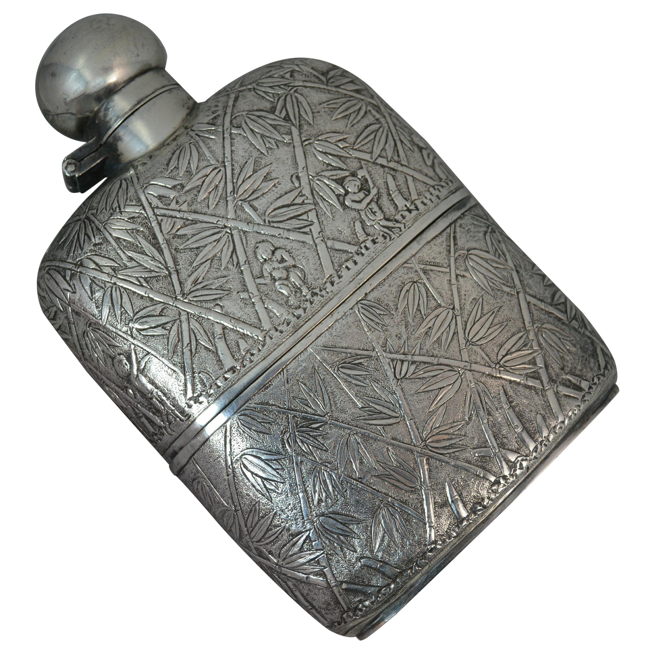 Impressive Heavy Solid Silver Japanese Made Hipflask For Sale