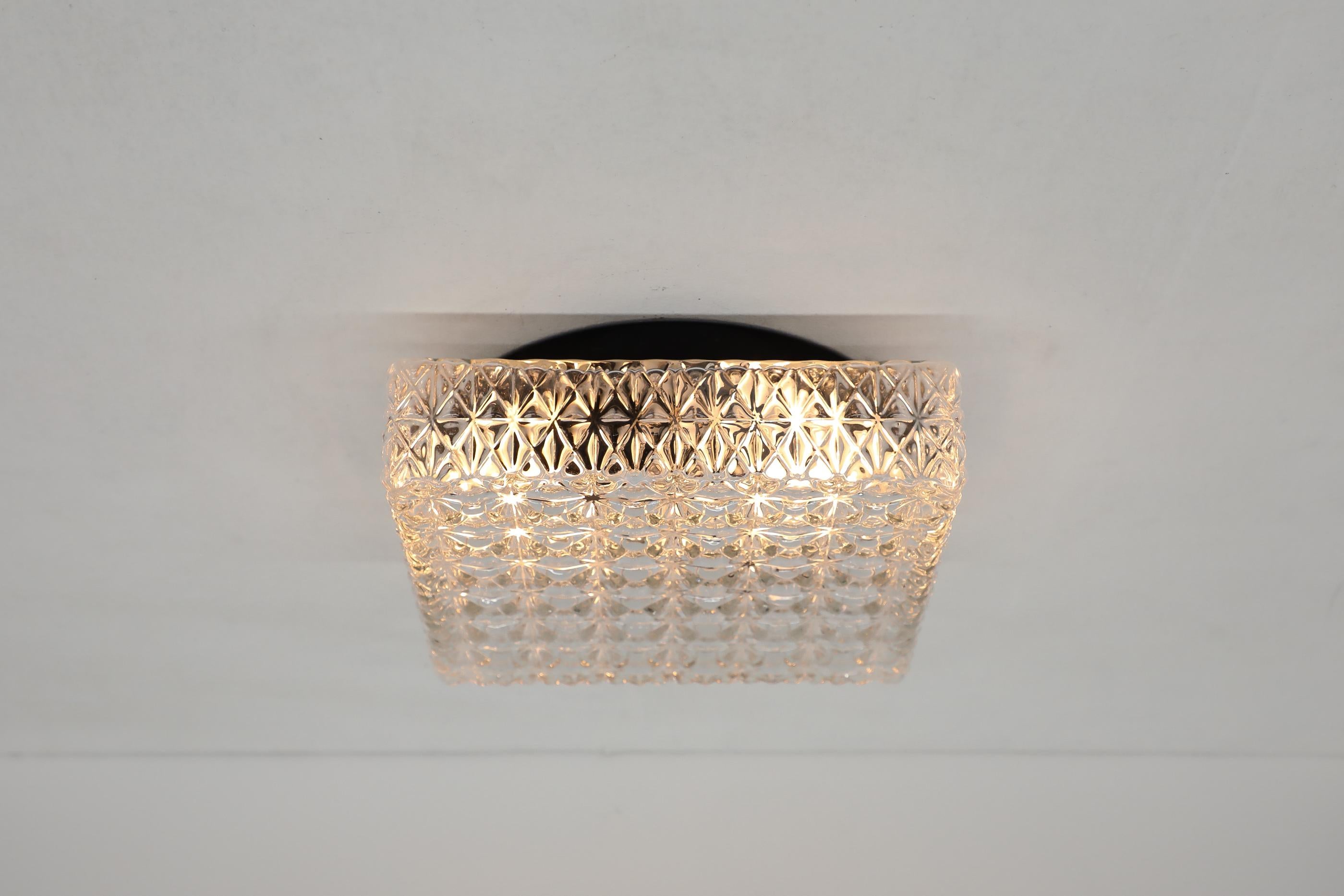 Mid-Century Modern Impressive Heavy Square Mid-Century Pressed Glass Ceiling Sconce For Sale
