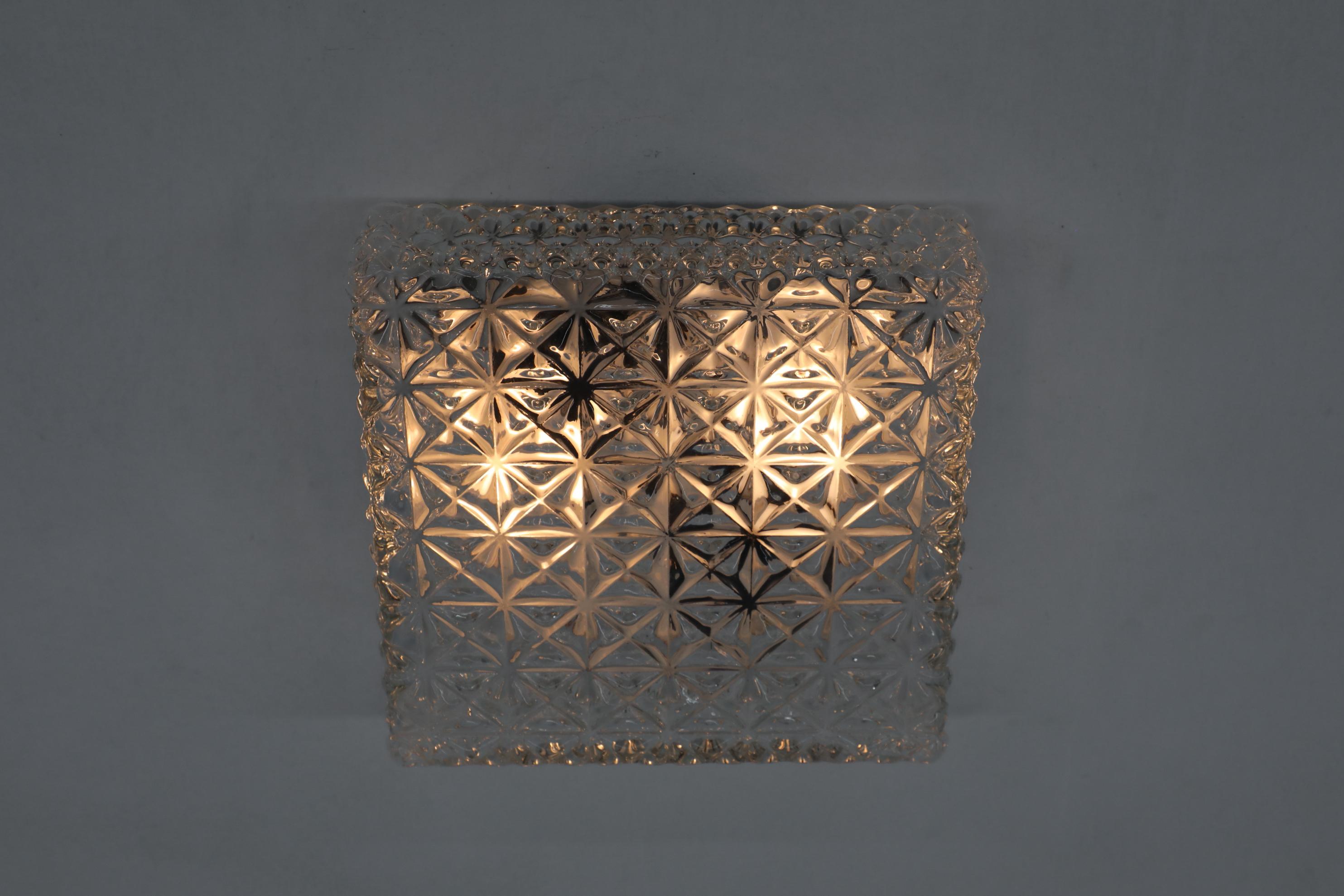 Dutch Impressive Heavy Square Mid-Century Pressed Glass Ceiling Sconce For Sale