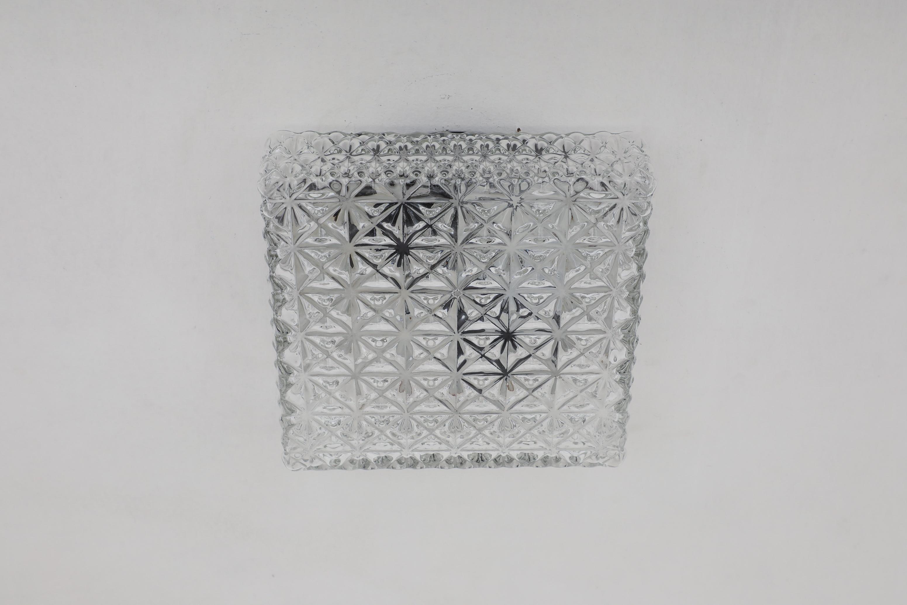 Impressive Heavy Square Mid-Century Pressed Glass Ceiling Sconce In Good Condition For Sale In Los Angeles, CA