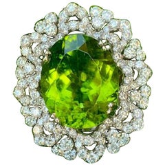 Impressive Huge 15.77 Vivid Green Peridot and 5 Carat of Diamonds Cocktail Ring