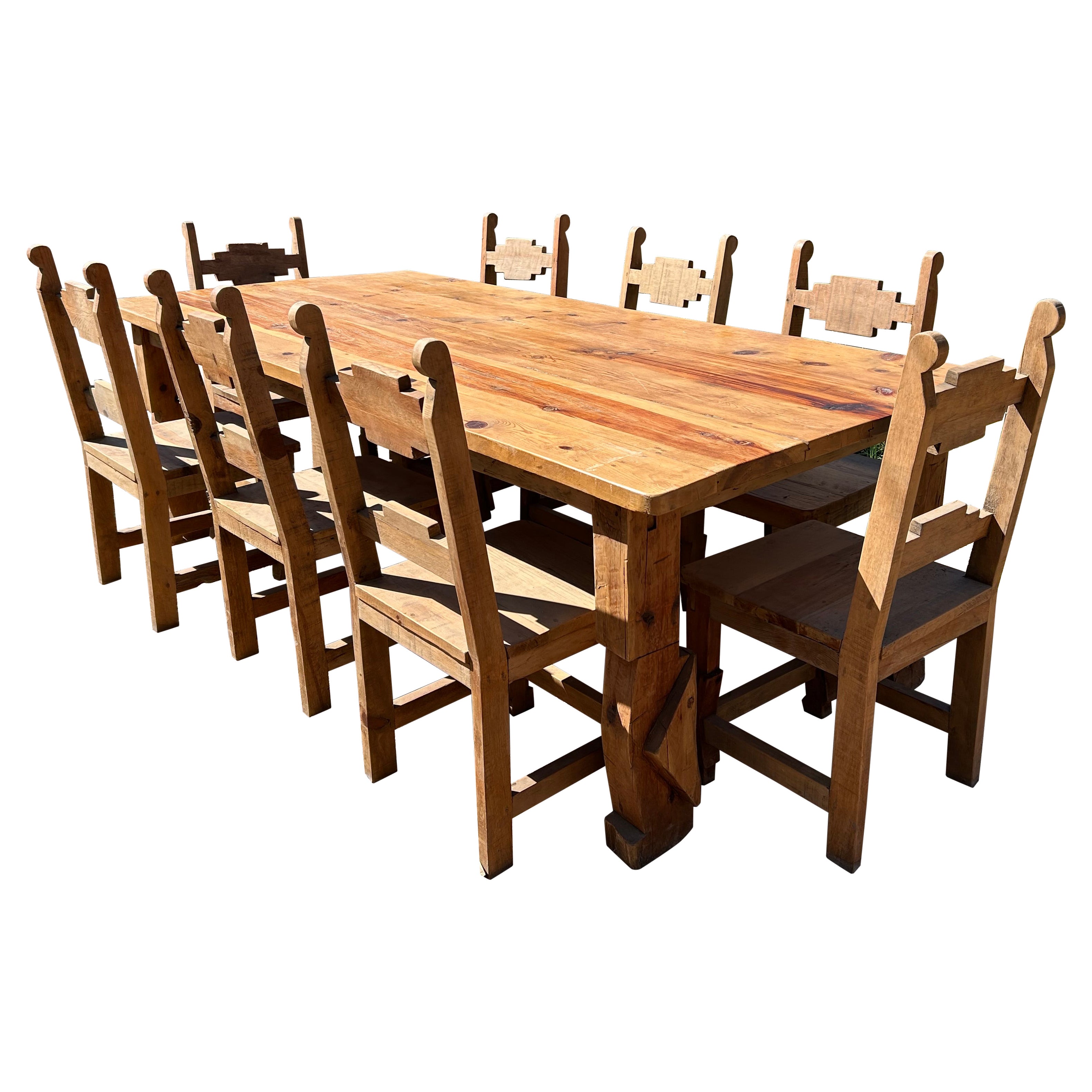 Impressive Huge Heavy Pine Farm Table with 8 Side Chairs