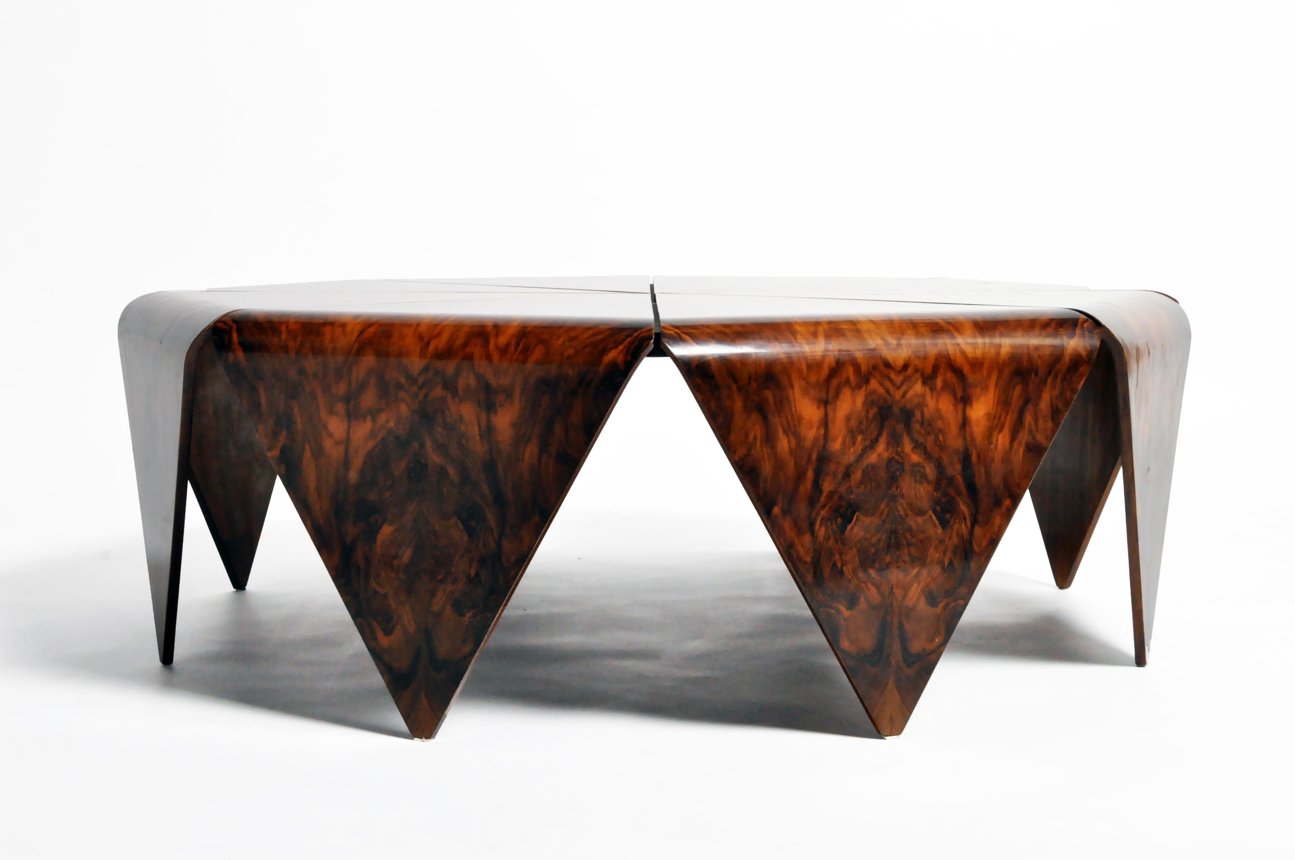 Impressive octagonal coffee table from Hungary made from walnut veneer, circa 1960s.