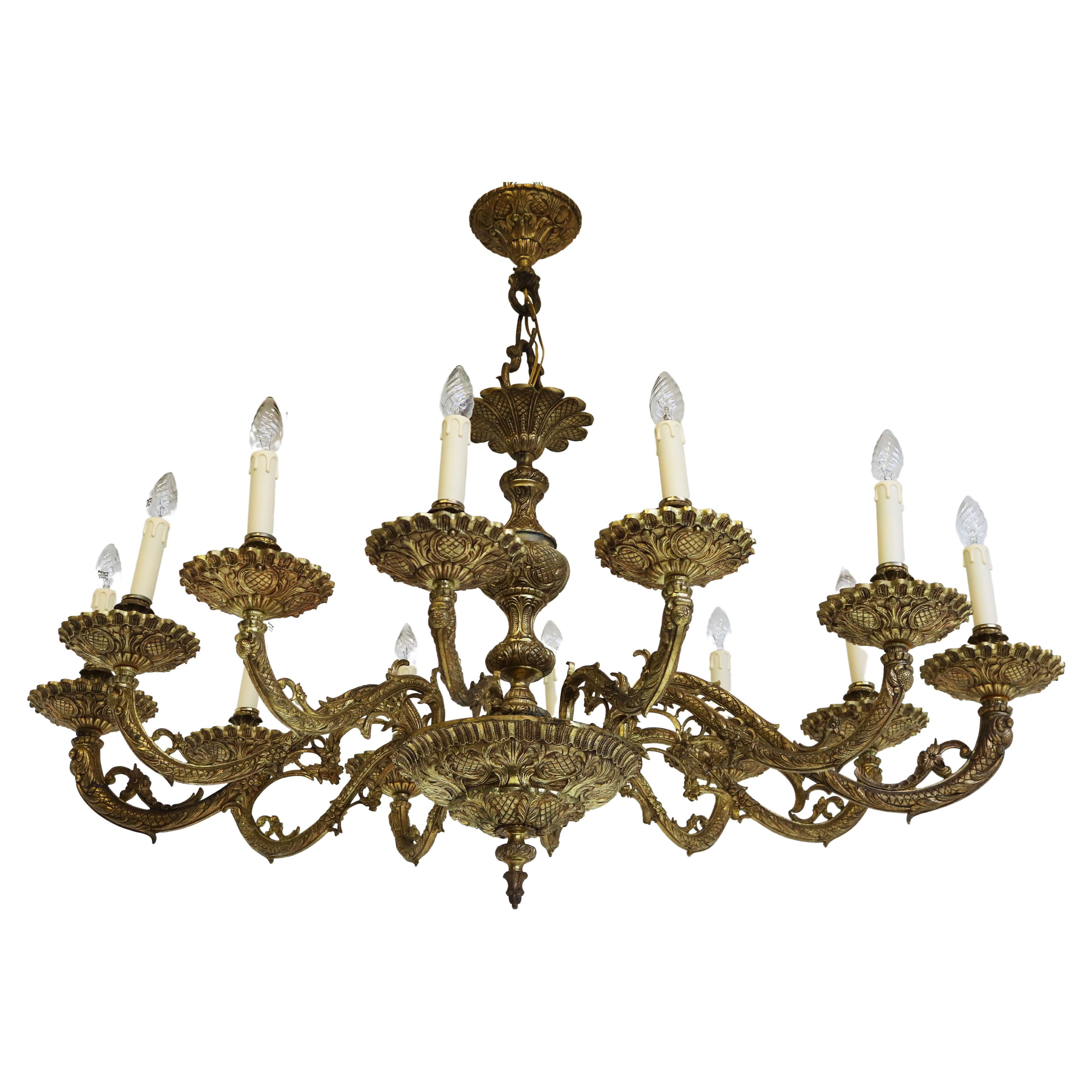 Impressive Italian Antique Oval Chandelier 1920s Classical Style Cast Brass Gold For Sale