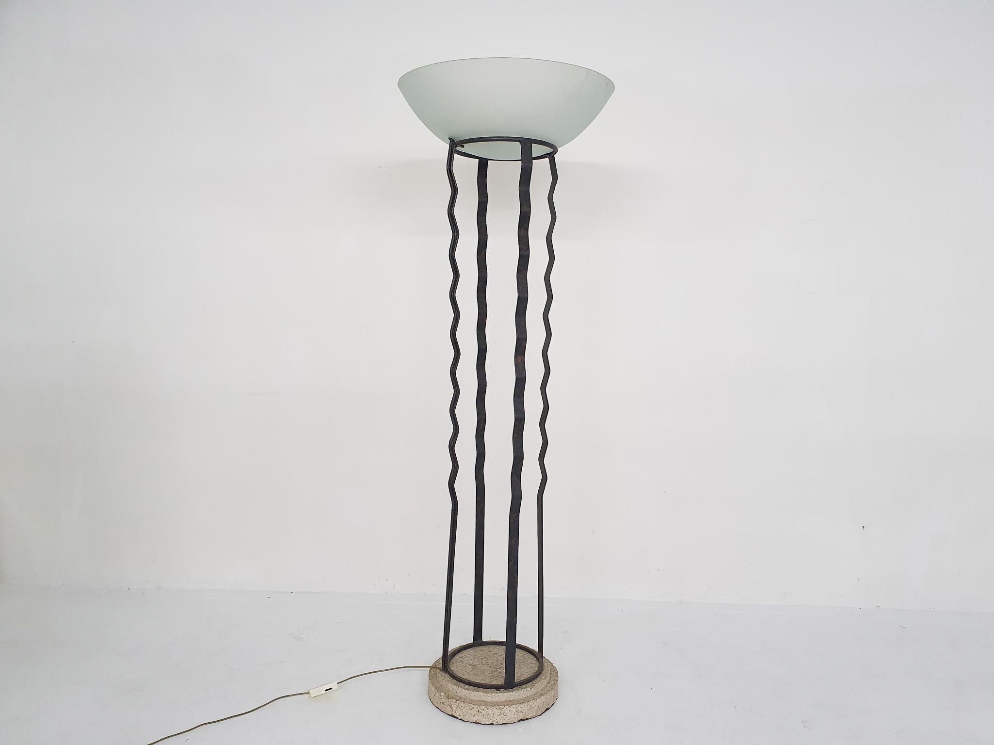Mid-Century Modern Impressive Italian Floor Light in Iron, Stone and Glass For Sale