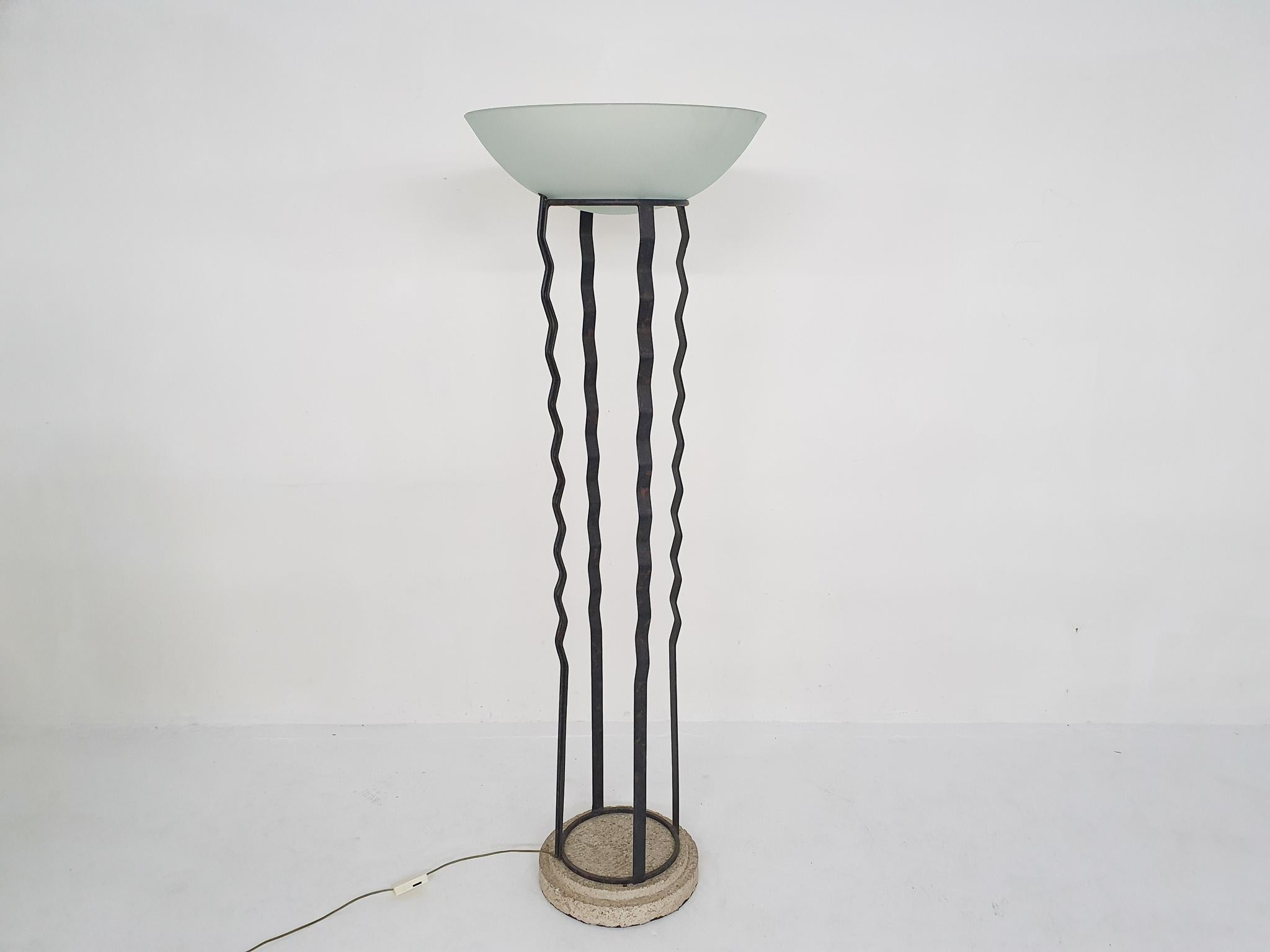 Late 20th Century Impressive Italian Floor Light in Iron, Stone and Glass For Sale