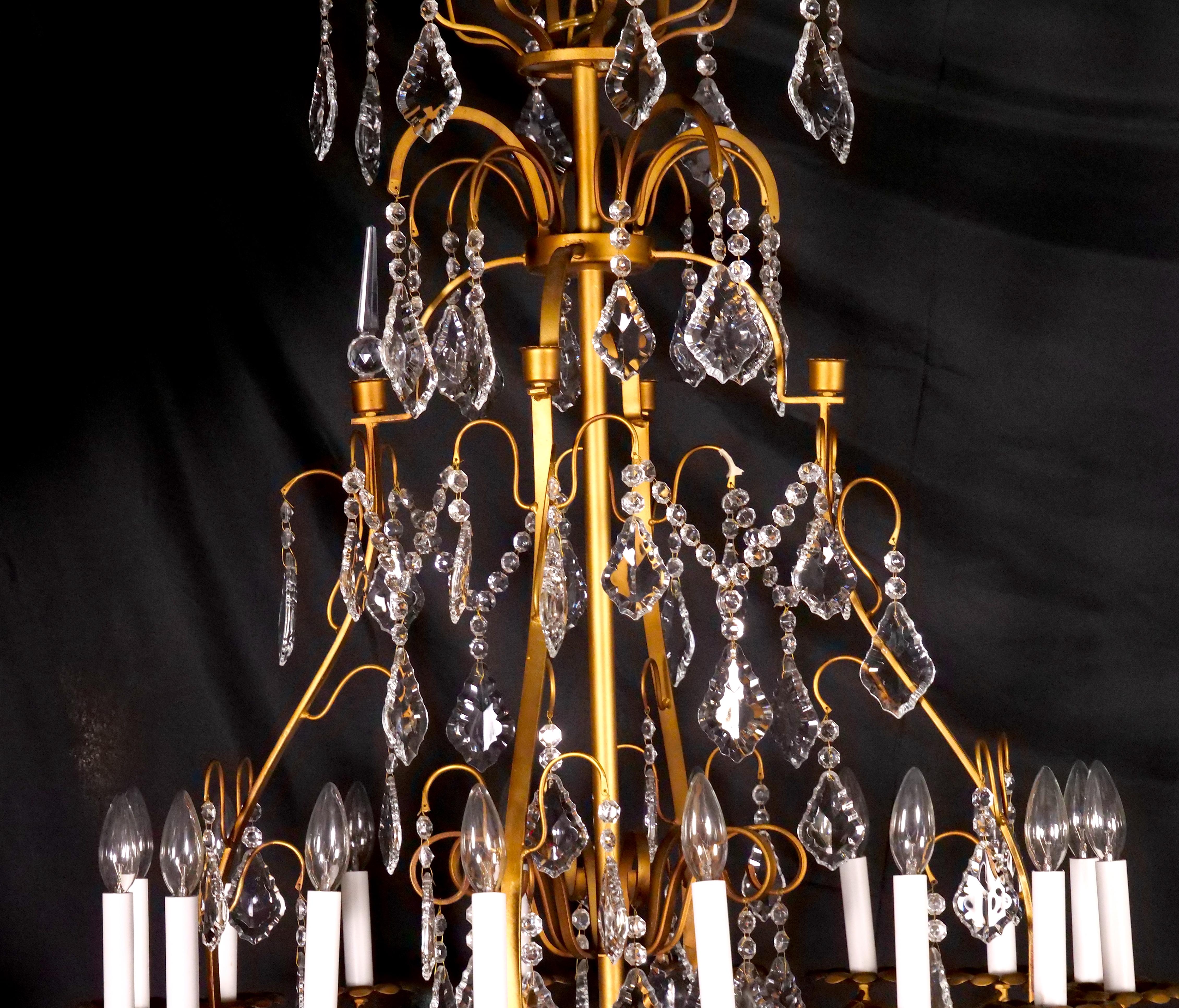 Empire Impressive Italian Gilt Brass Frame Sixteen Light Cut Crystal Chandelier For Sale