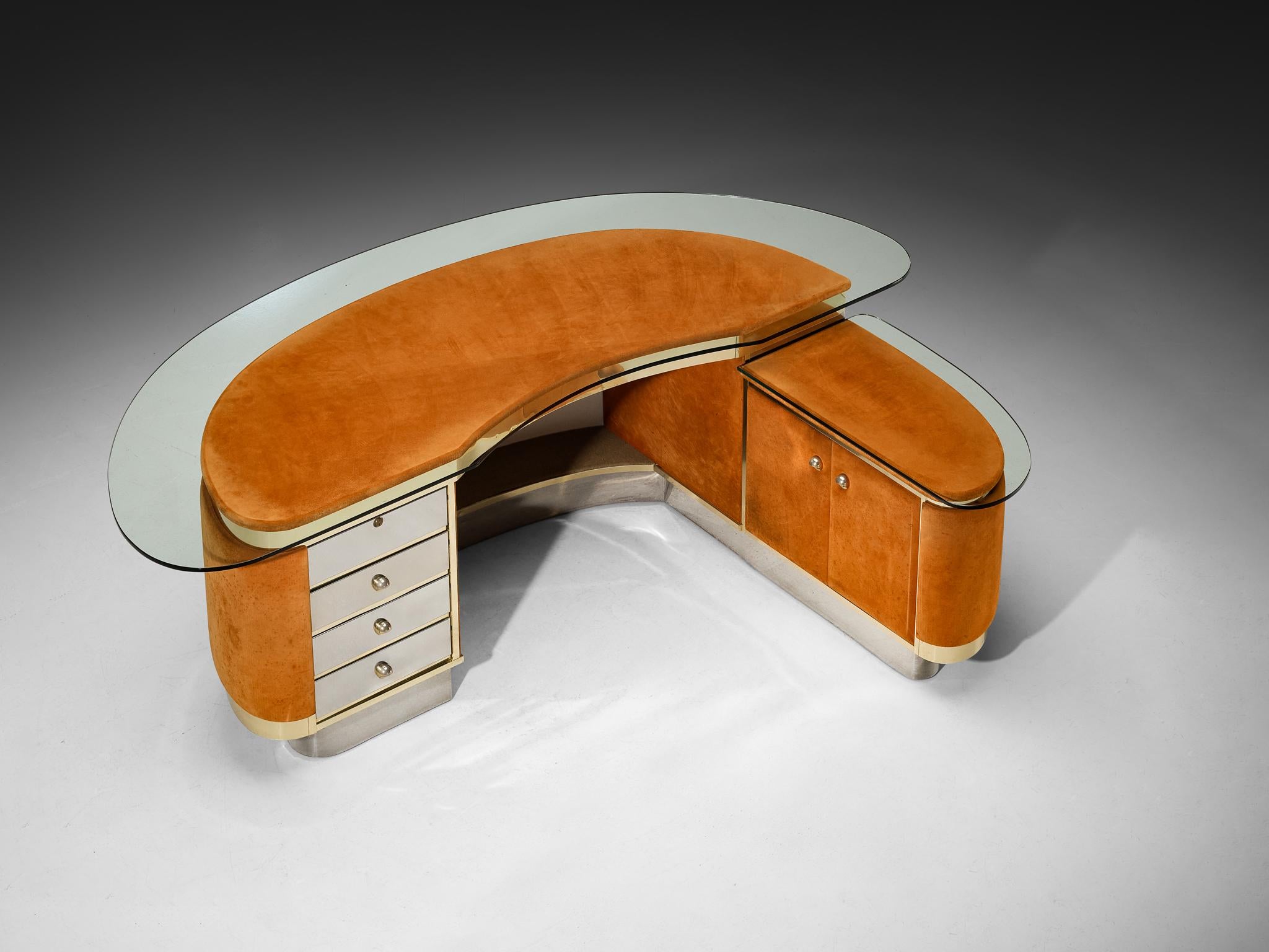 Impresionante Escritorio Italiano Postmoderno con Retorno en Piel de Nubuck Naranja en venta 8