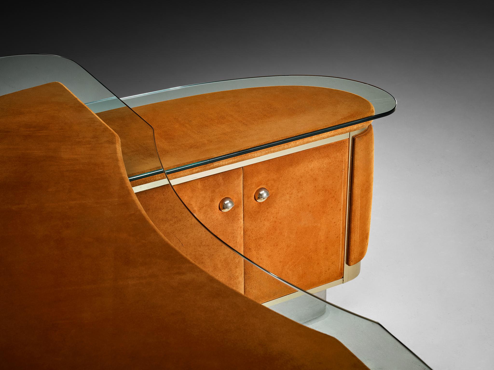 Impresionante Escritorio Italiano Postmoderno con Retorno en Piel de Nubuck Naranja Posmoderno en venta