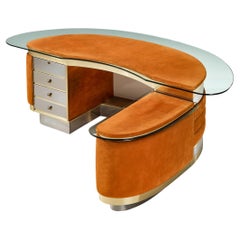 Impressive Italian Postmodern Desk with Return in Orange Nubuck Leather