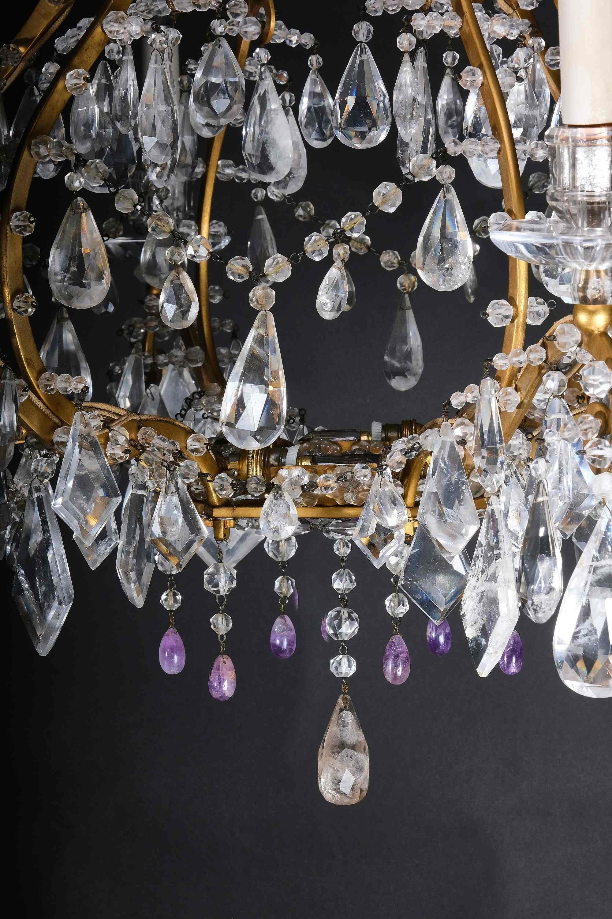 Doré Impressionnant lustre italien en cristal de roche et améthyste, Piémont, 19e siècle en vente