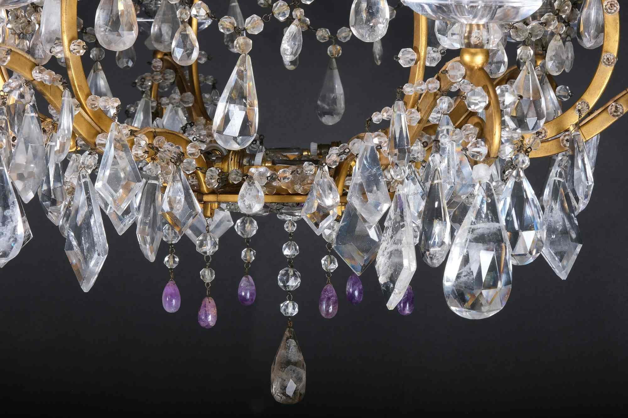 Améthyste Impressionnant lustre italien en cristal de roche et améthyste, Piémont, 19e siècle en vente