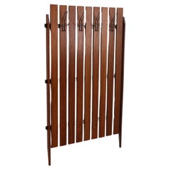 Impressive Italian Teak Slatted Standing Wall Coat Rack with Brass Hooks