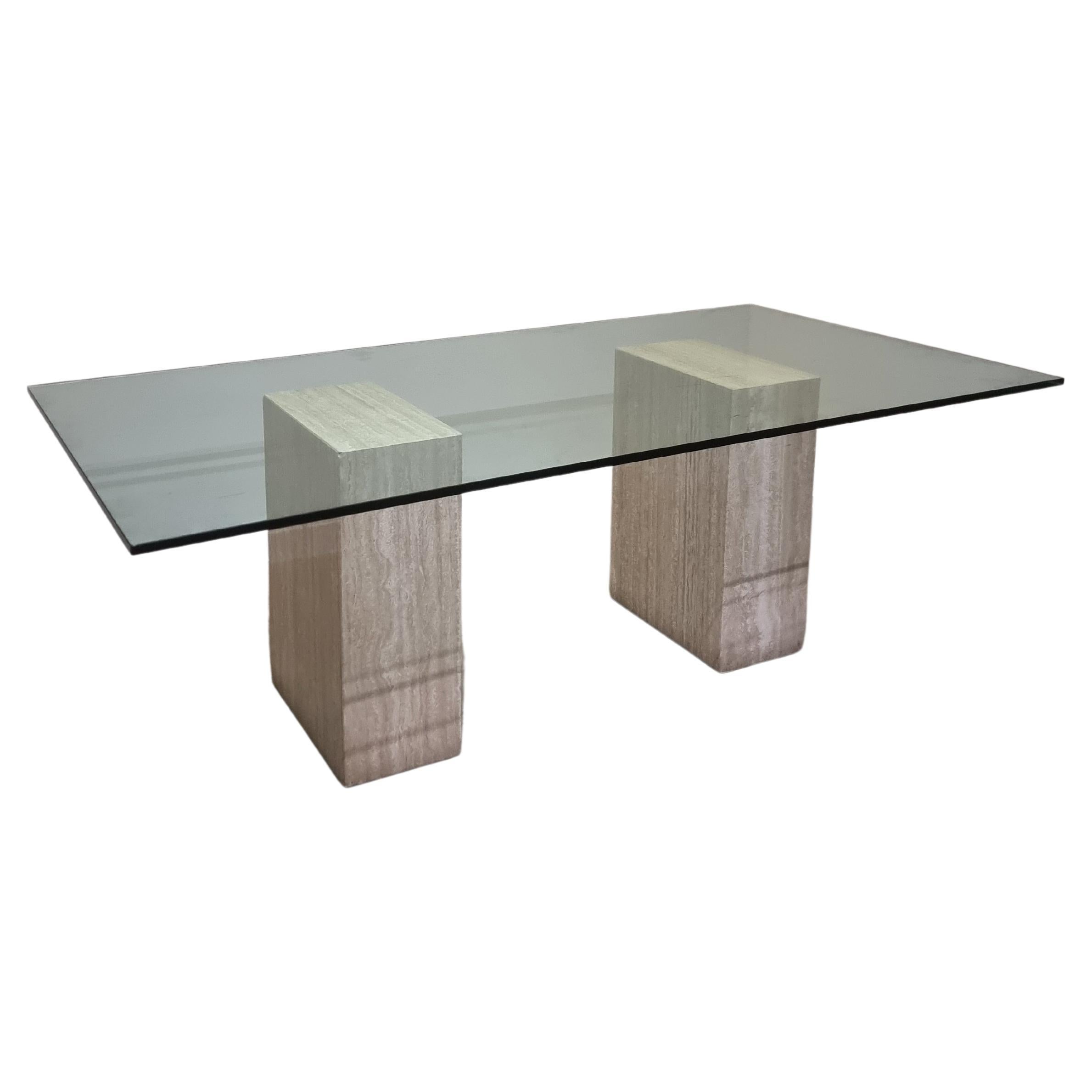 Impressive Italian Travertine Diningtable with Glass Top 1970s For Sale