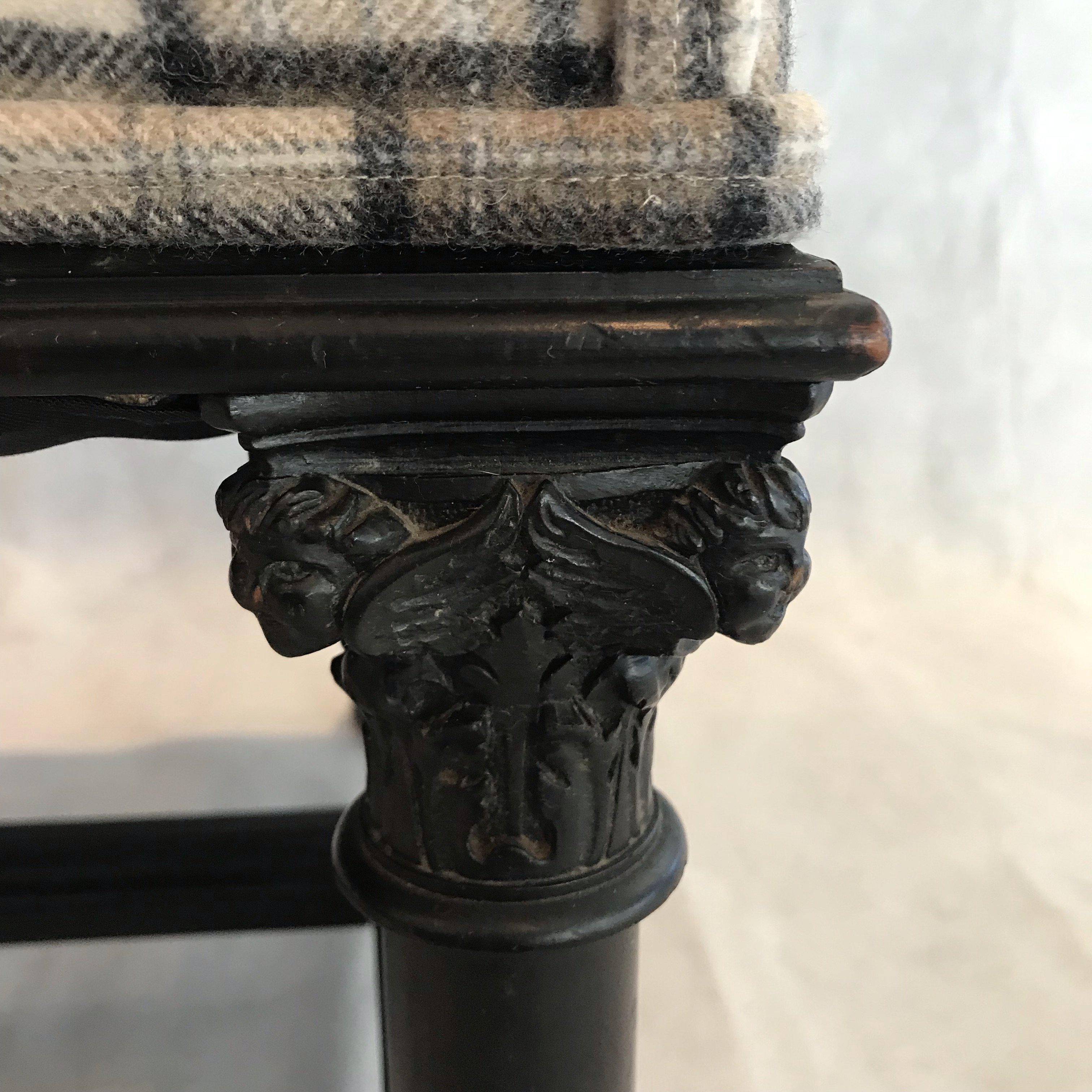 Impressive Jaunty Pair of Plaid Intricately Carved Ebonized Lions Head Chairs For Sale 1