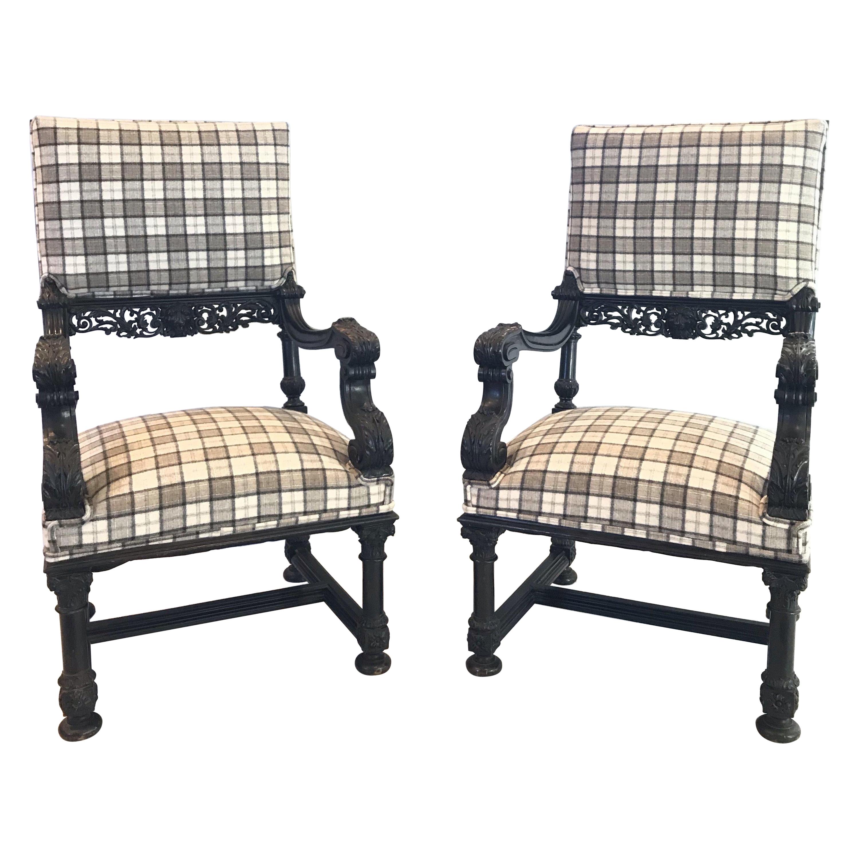 Impressive Jaunty Pair of Plaid Intricately Carved Ebonized Lions Head Chairs For Sale