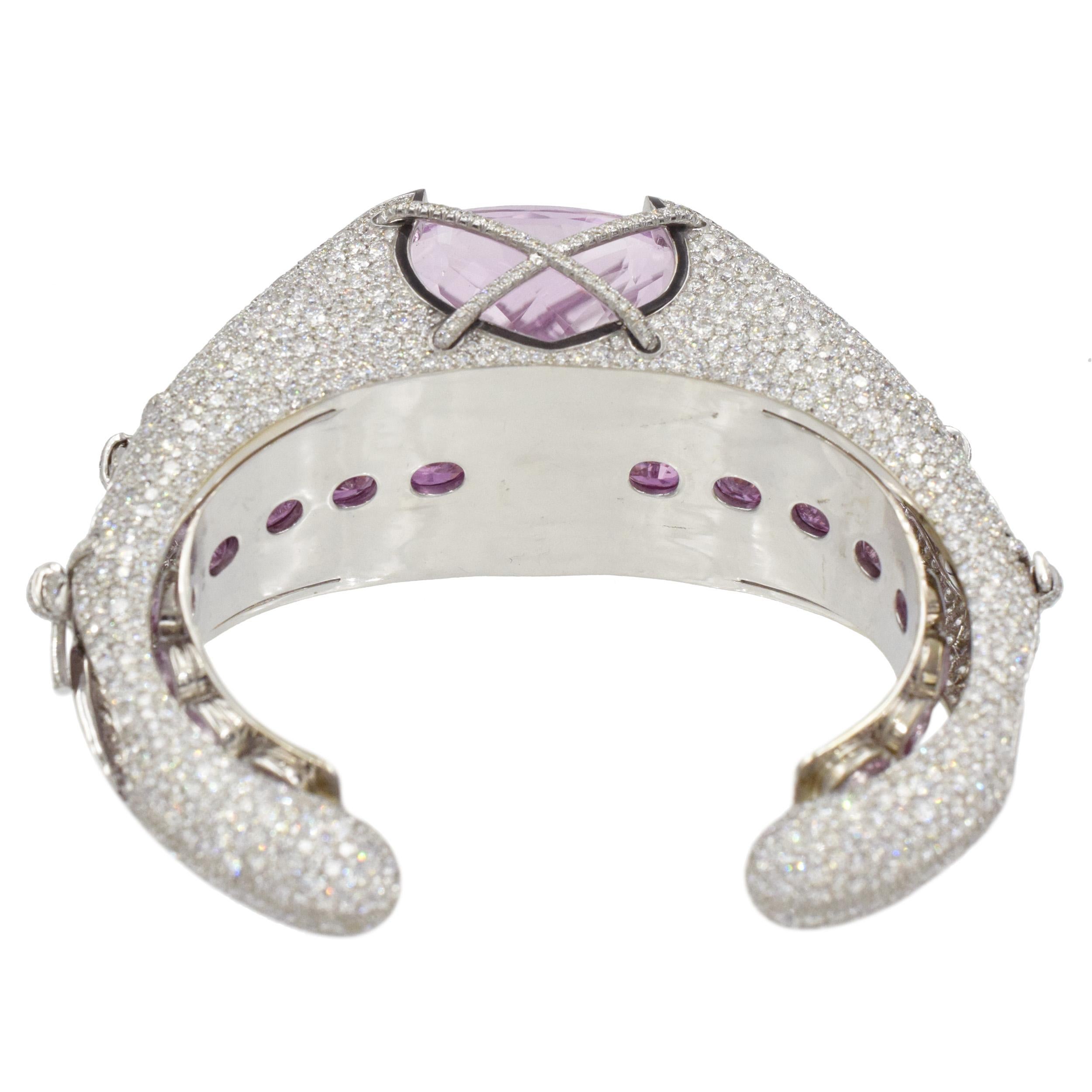 Women's or Men's Impressive Kunzite and Diamond and Enamel Cuff Bracelet  For Sale