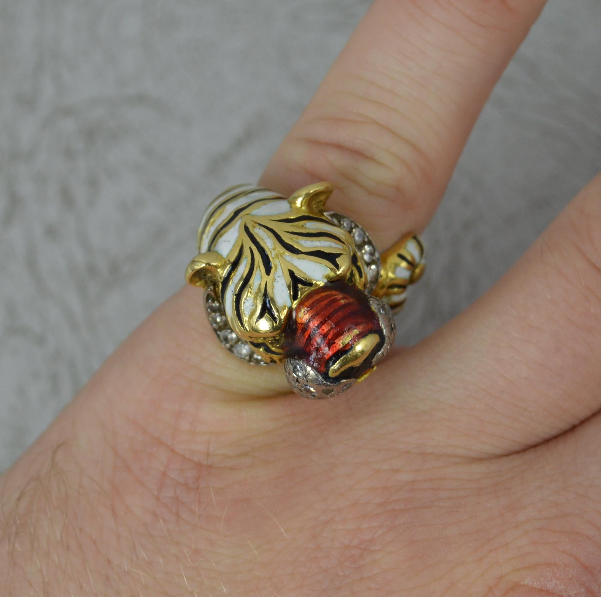 Round Cut Impressive Kutchinsky 18ct Gold Enamel Diamond Tiger Ring For Sale
