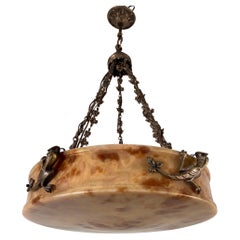 Impressive & Large Alabaster Pendant Light Chandelier w Bronze Lizard Sculptures