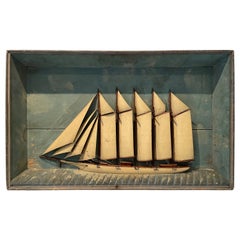 Impressive Large Antique Folk Art Carved Wood Schooner Diorama
