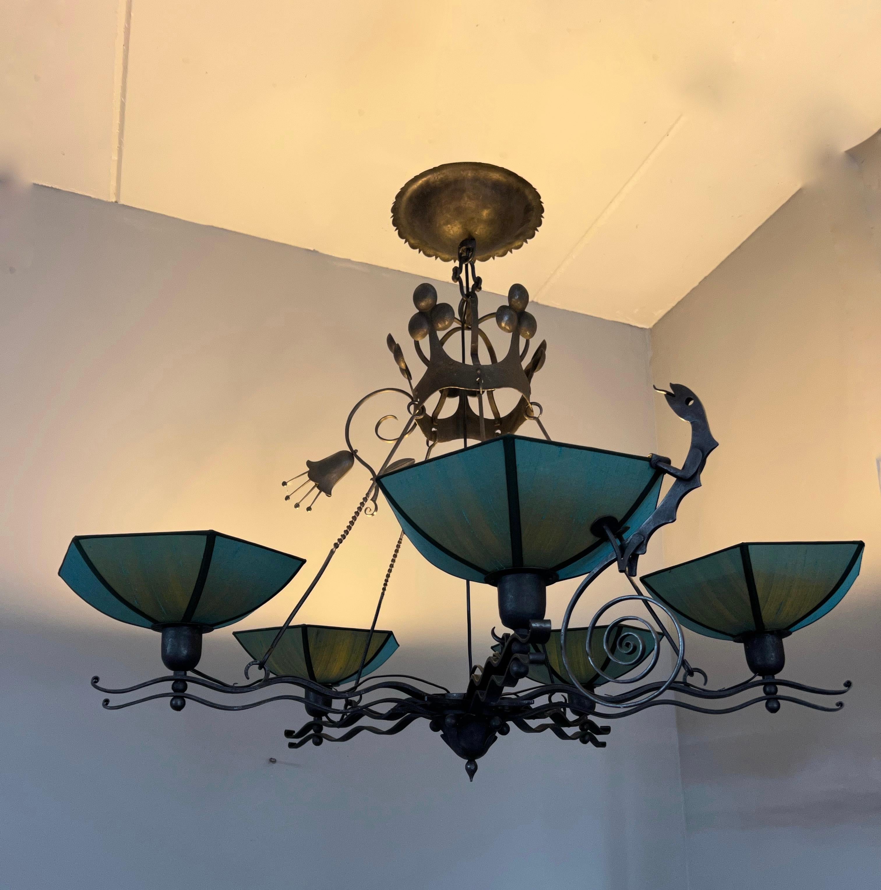 Impressive Large Art Deco, Forged Wrought Iron Chandelier w Salamander Sculpture For Sale 4