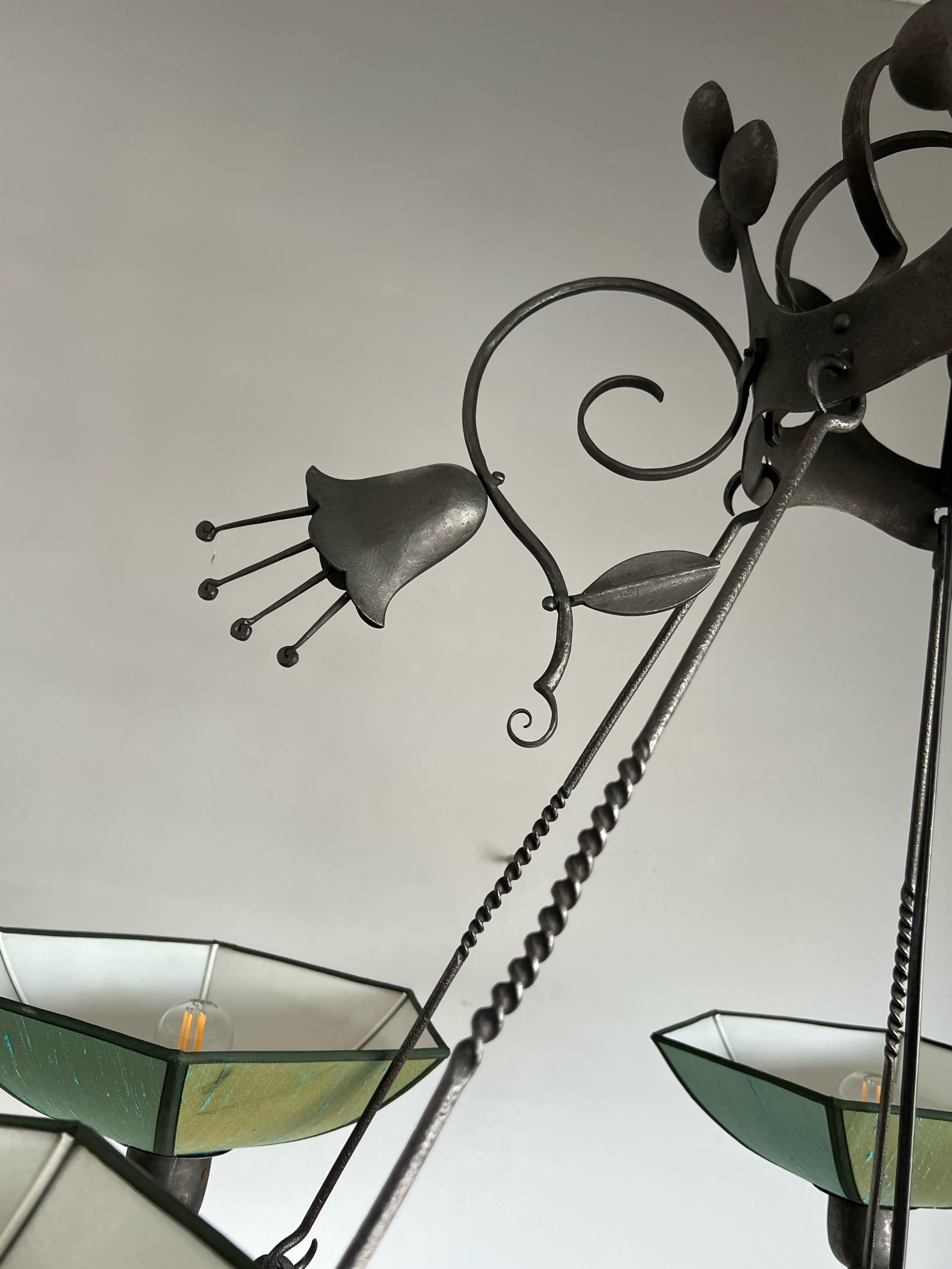 Impressive Large Art Deco, Forged Wrought Iron Chandelier w Salamander Sculpture For Sale 6