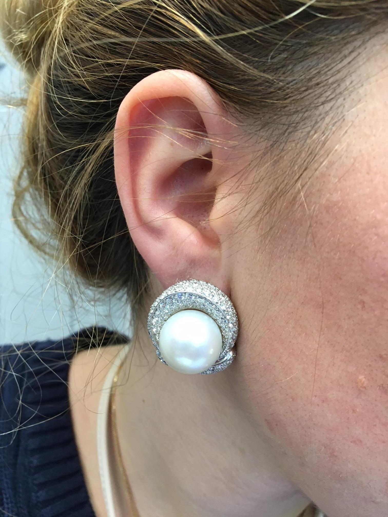 Impressive Large Black & White South Sea Pearl Diamond Platinum Ear Clips For Sale 1