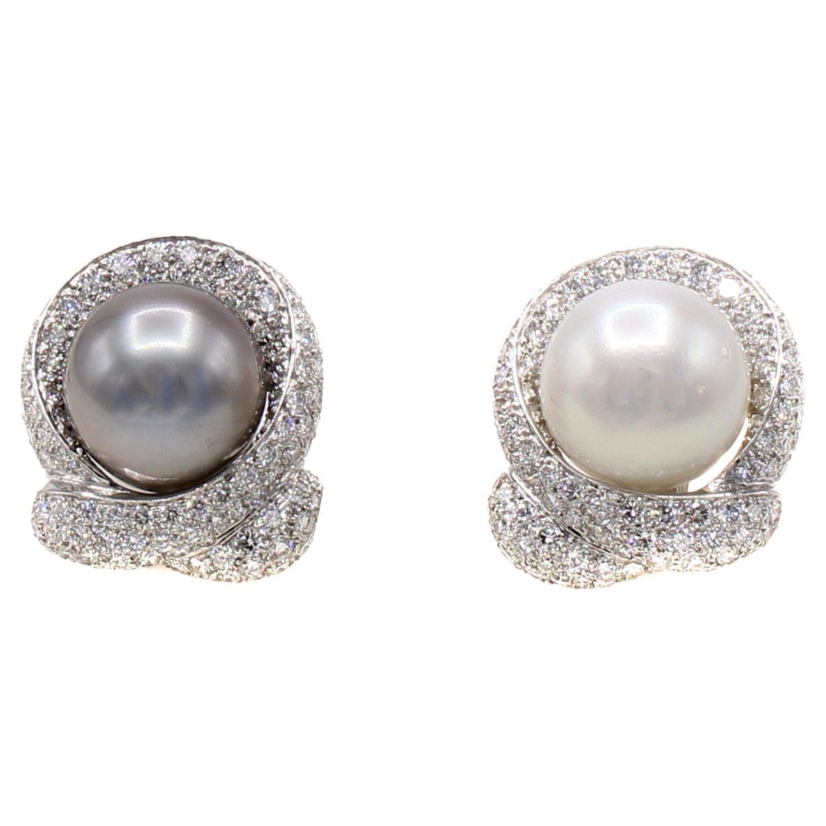 Impressive Large Black & White South Sea Pearl Diamond Platinum Ear Clips For Sale