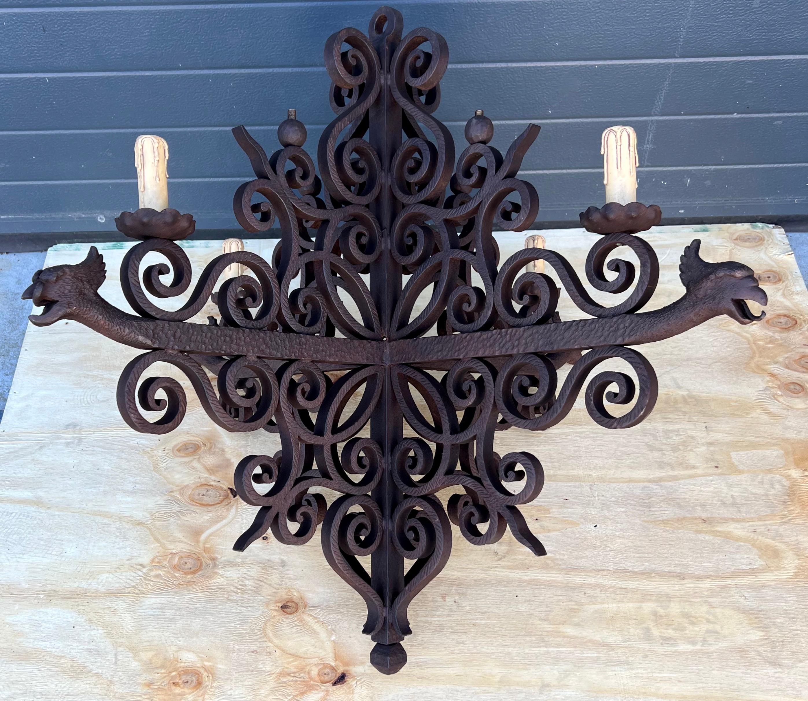 Impressive Large Forged Wrought Iron Four-Light Chandelier w. Phoenix Sculptures For Sale 4