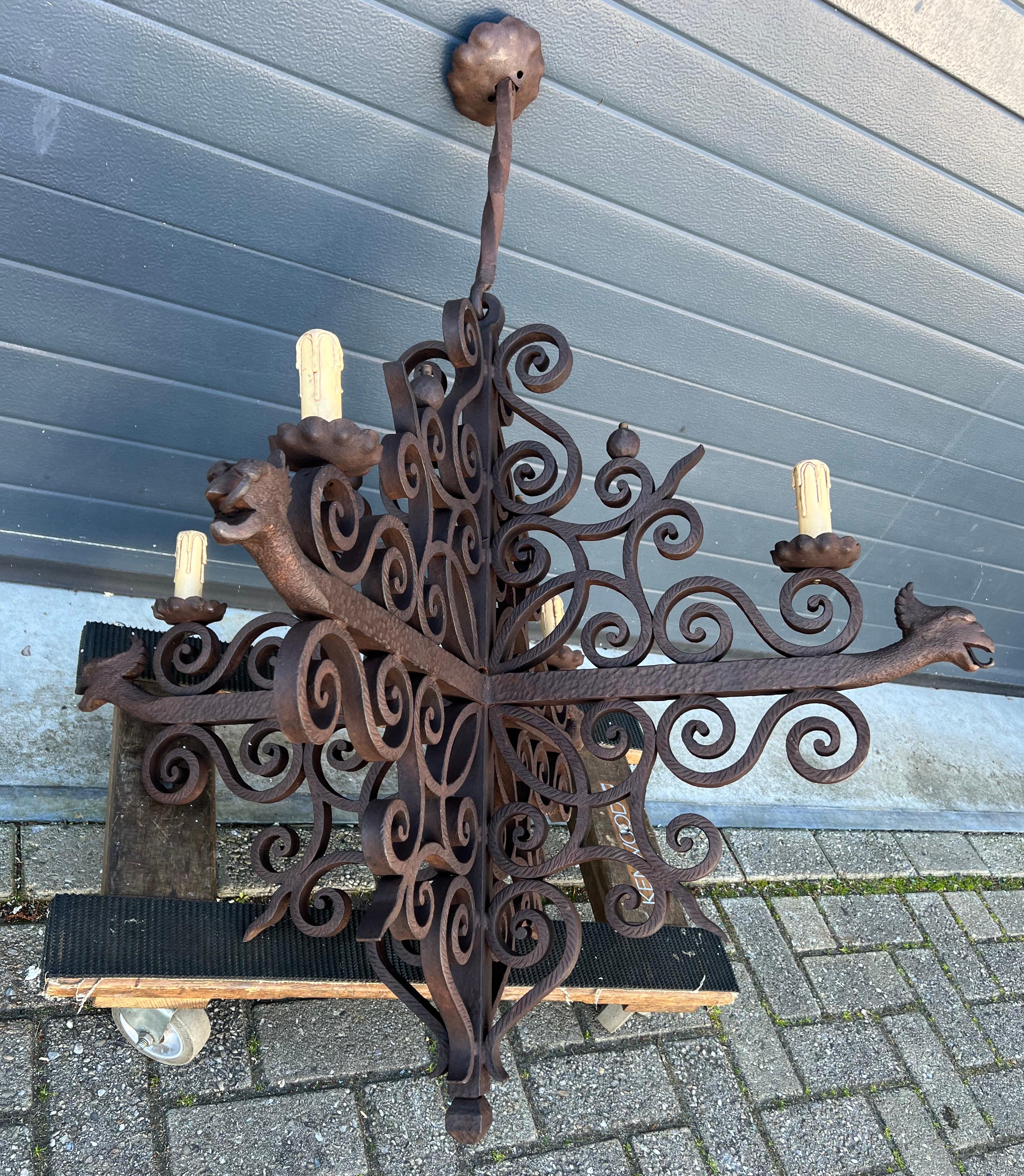 Impressive Large Forged Wrought Iron Four-Light Chandelier w. Phoenix Sculptures For Sale 8