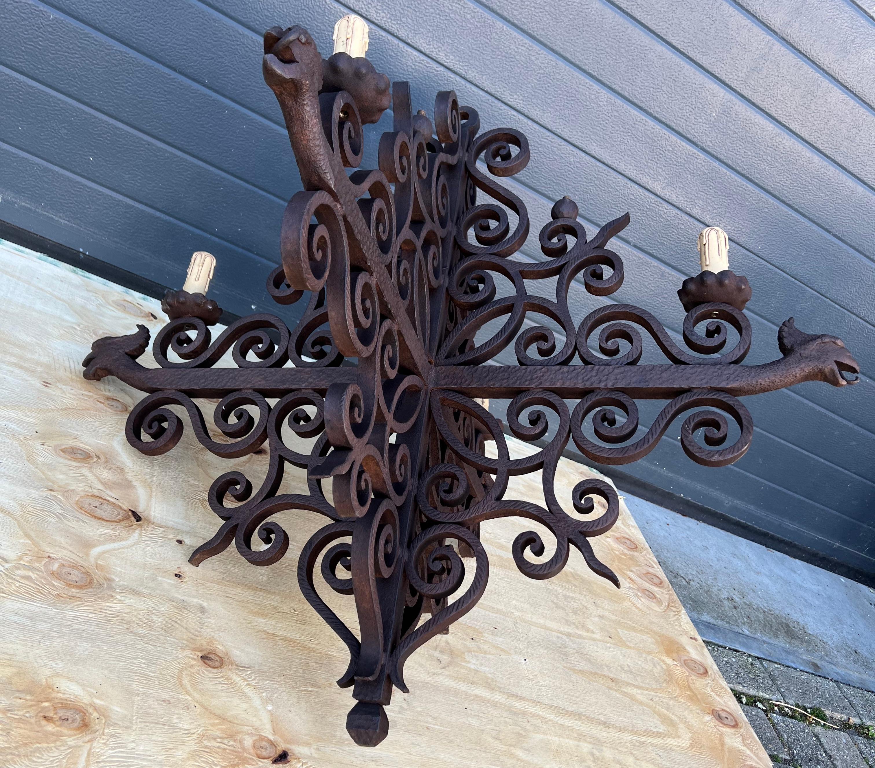 Impressive Large Forged Wrought Iron Four-Light Chandelier w. Phoenix Sculptures For Sale 9