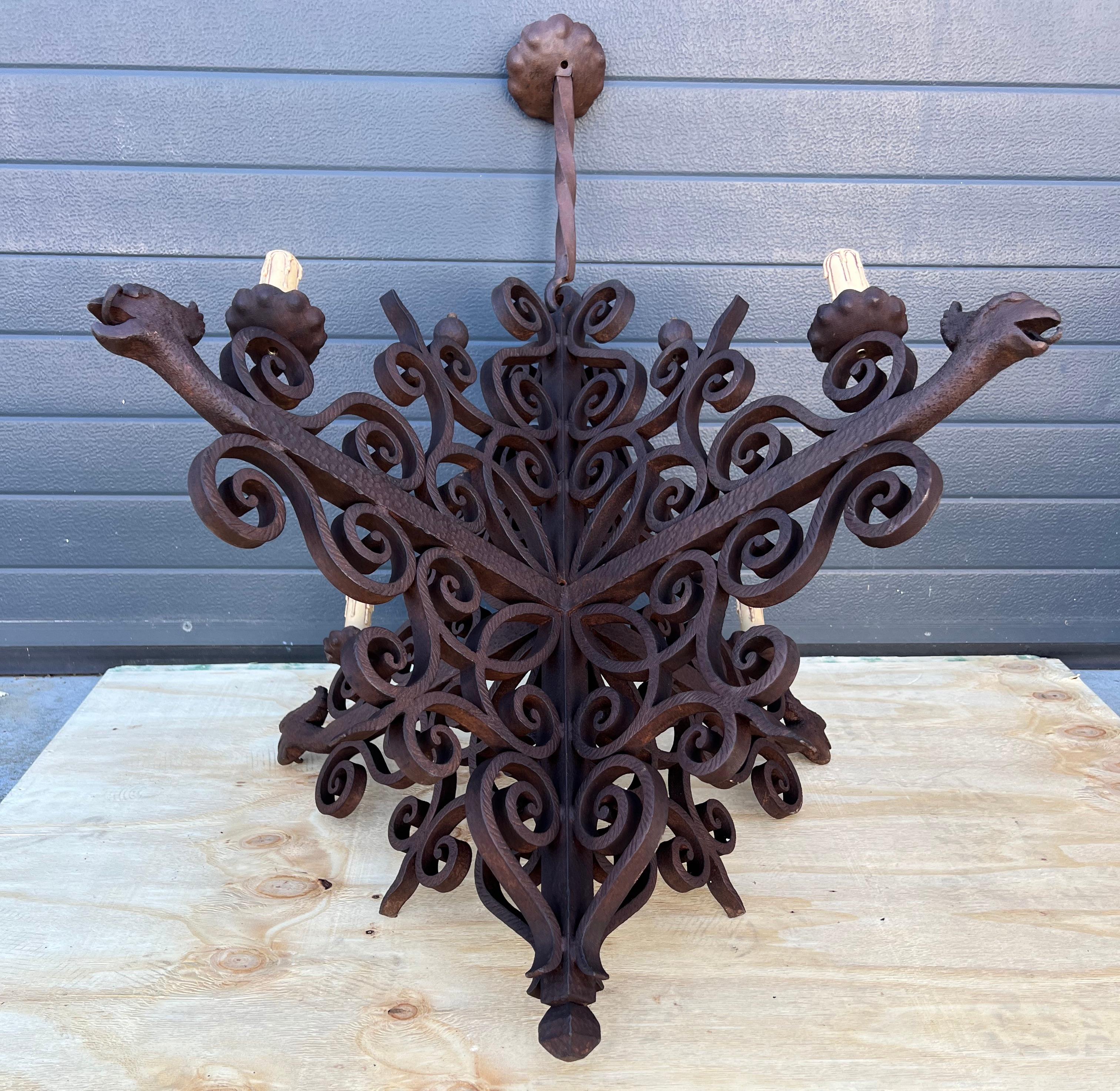 Impressive Large Forged Wrought Iron Four-Light Chandelier w. Phoenix Sculptures For Sale 11