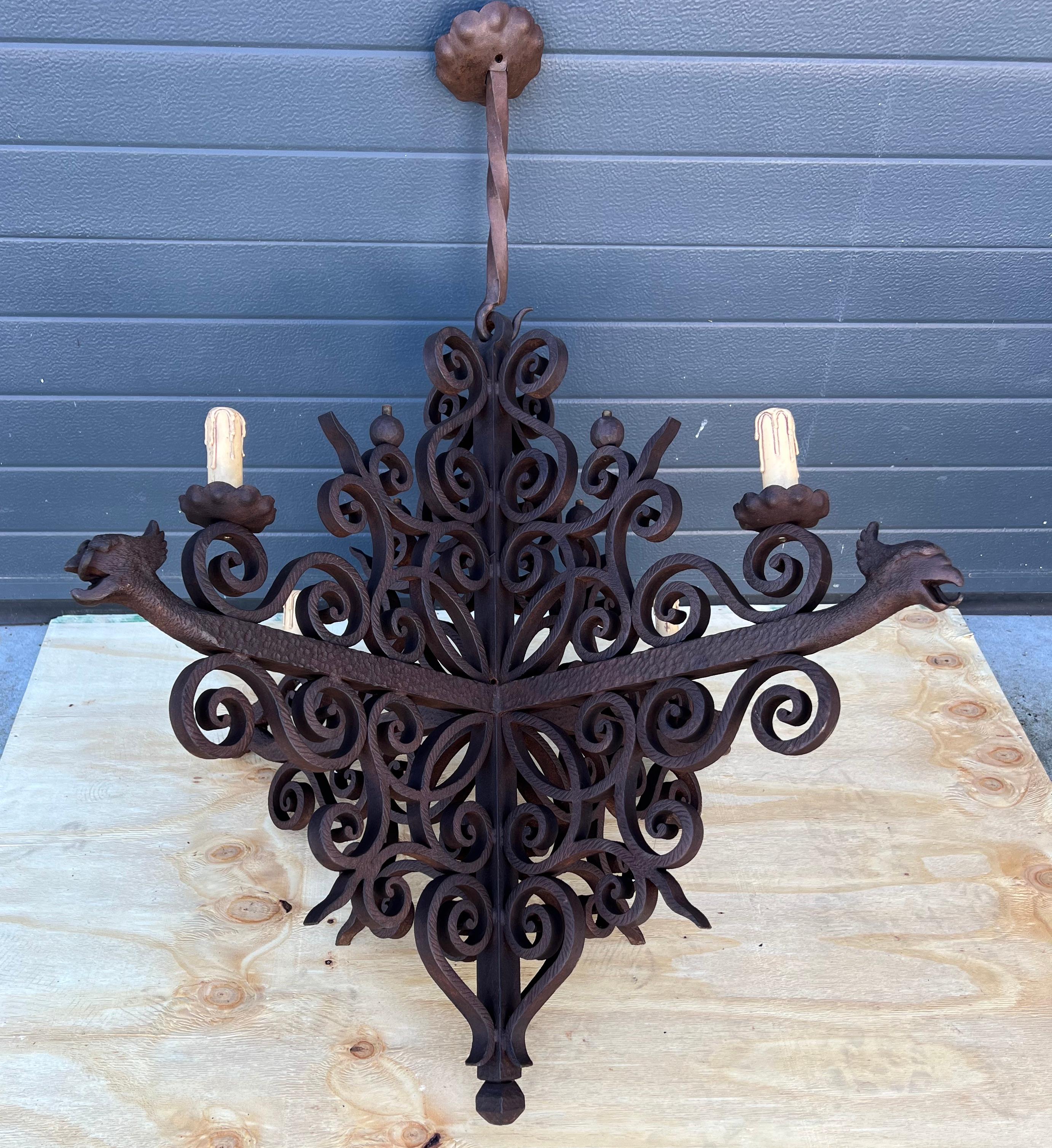 Impressive Large Forged Wrought Iron Four-Light Chandelier w. Phoenix Sculptures For Sale 13