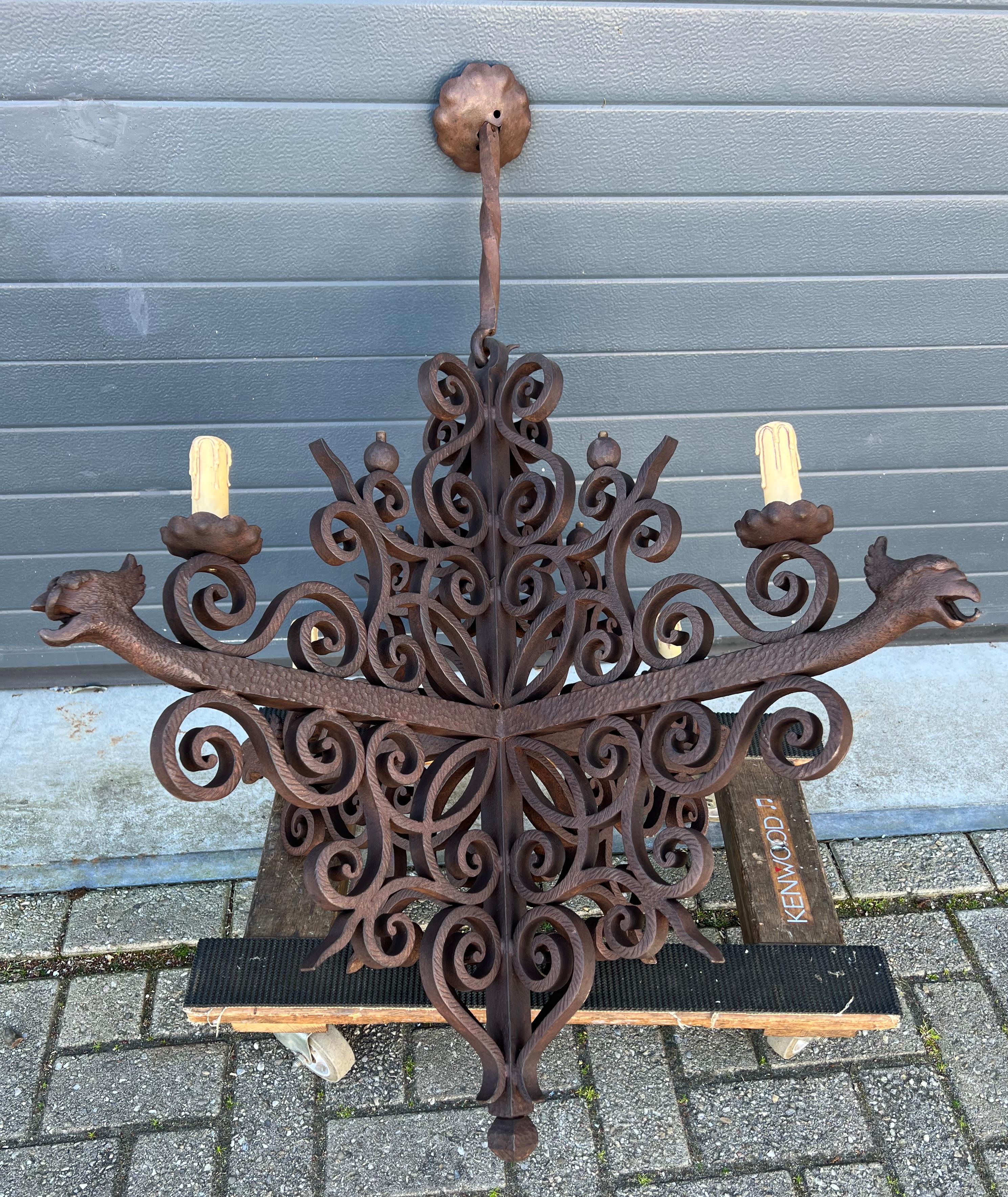 Impressive Large Forged Wrought Iron Four-Light Chandelier w. Phoenix Sculptures For Sale 14