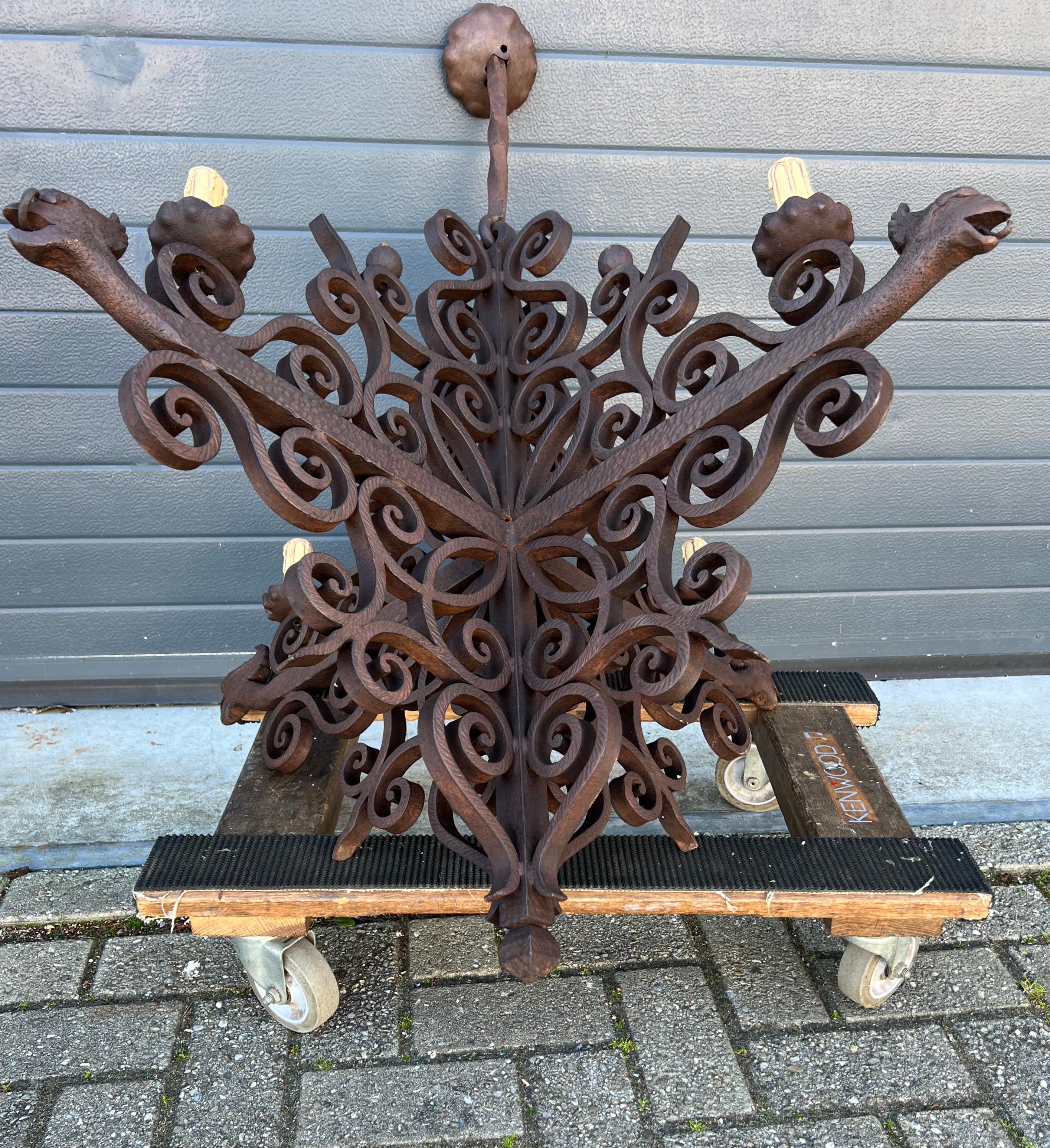 Gothic Revival Impressive Large Forged Wrought Iron Four-Light Chandelier w. Phoenix Sculptures For Sale