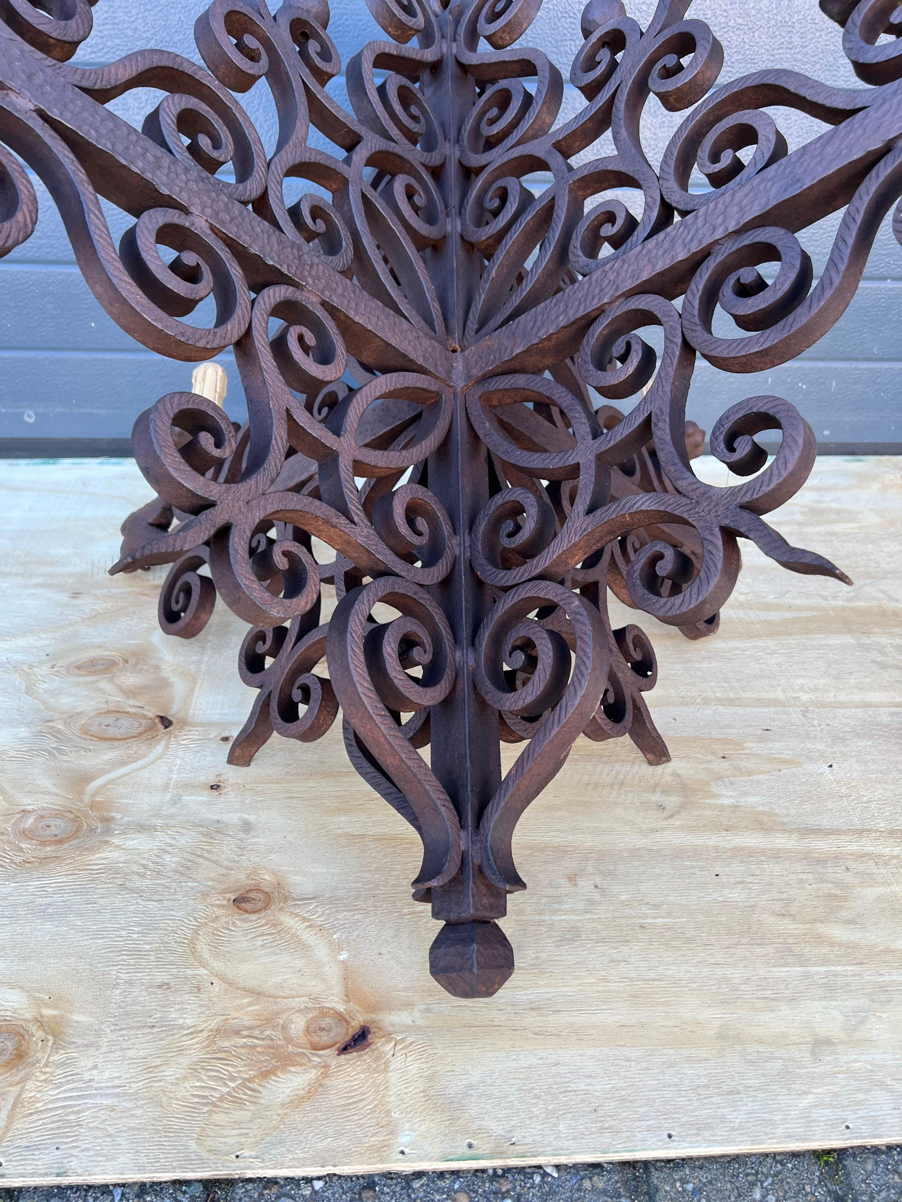 Impressive Large Forged Wrought Iron Four-Light Chandelier w. Phoenix Sculptures For Sale 2