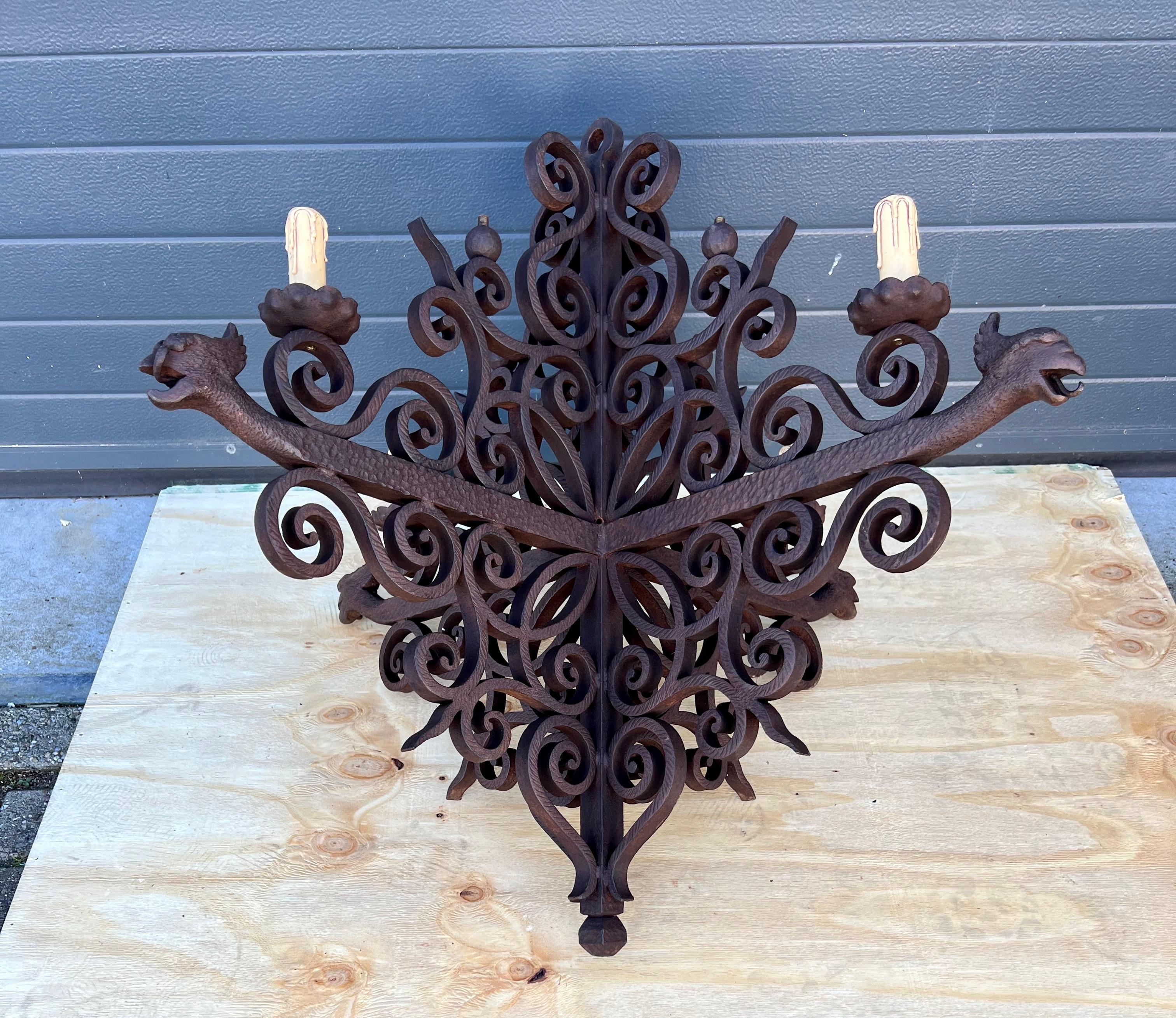 Impressive Large Forged Wrought Iron Four-Light Chandelier w. Phoenix Sculptures For Sale 3