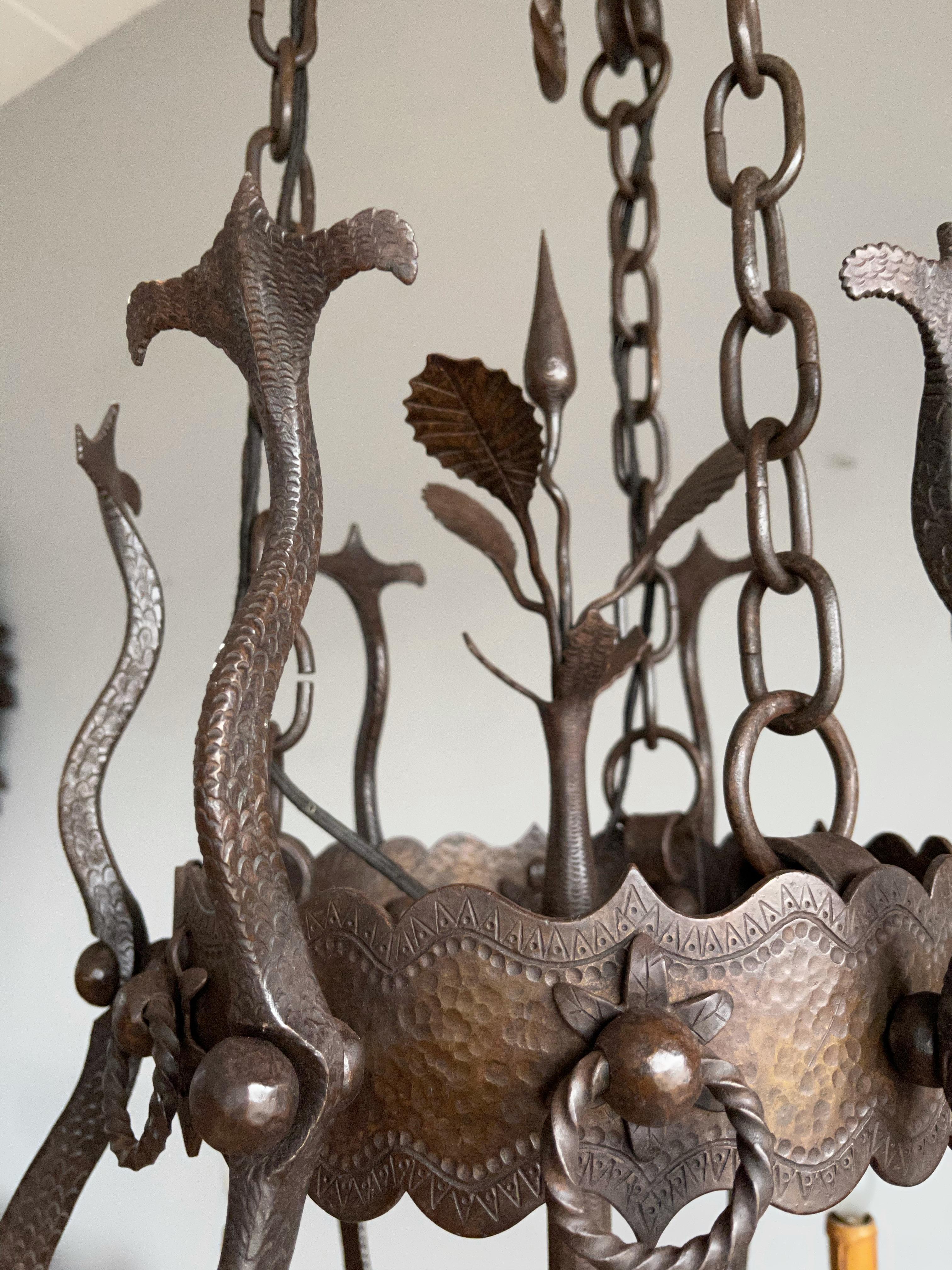 Impressive Large Forged Wrought Iron Seven-Light Chandelier w Dragon Sculptures 5