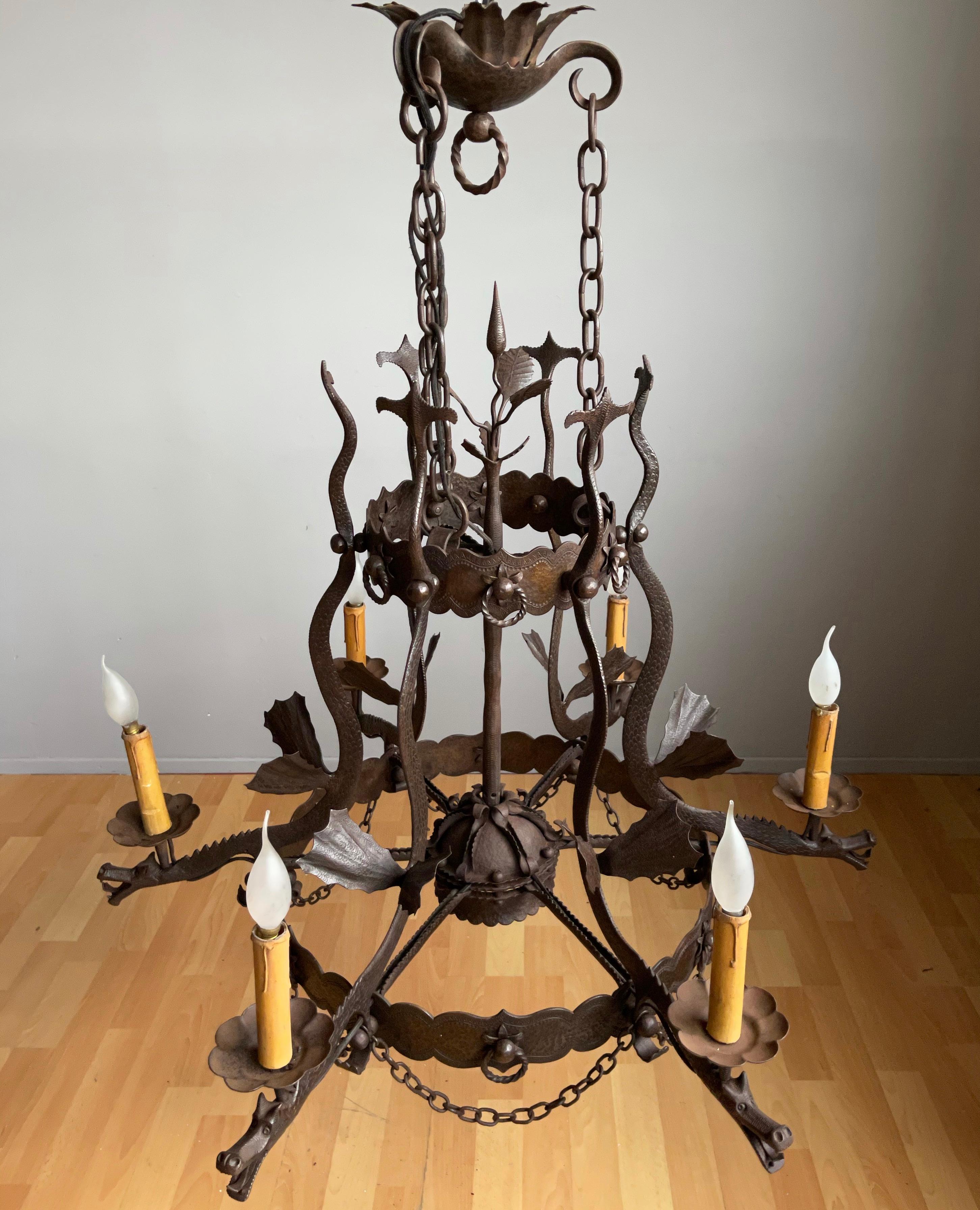 Impressive Large Forged Wrought Iron Seven-Light Chandelier w Dragon Sculptures 7