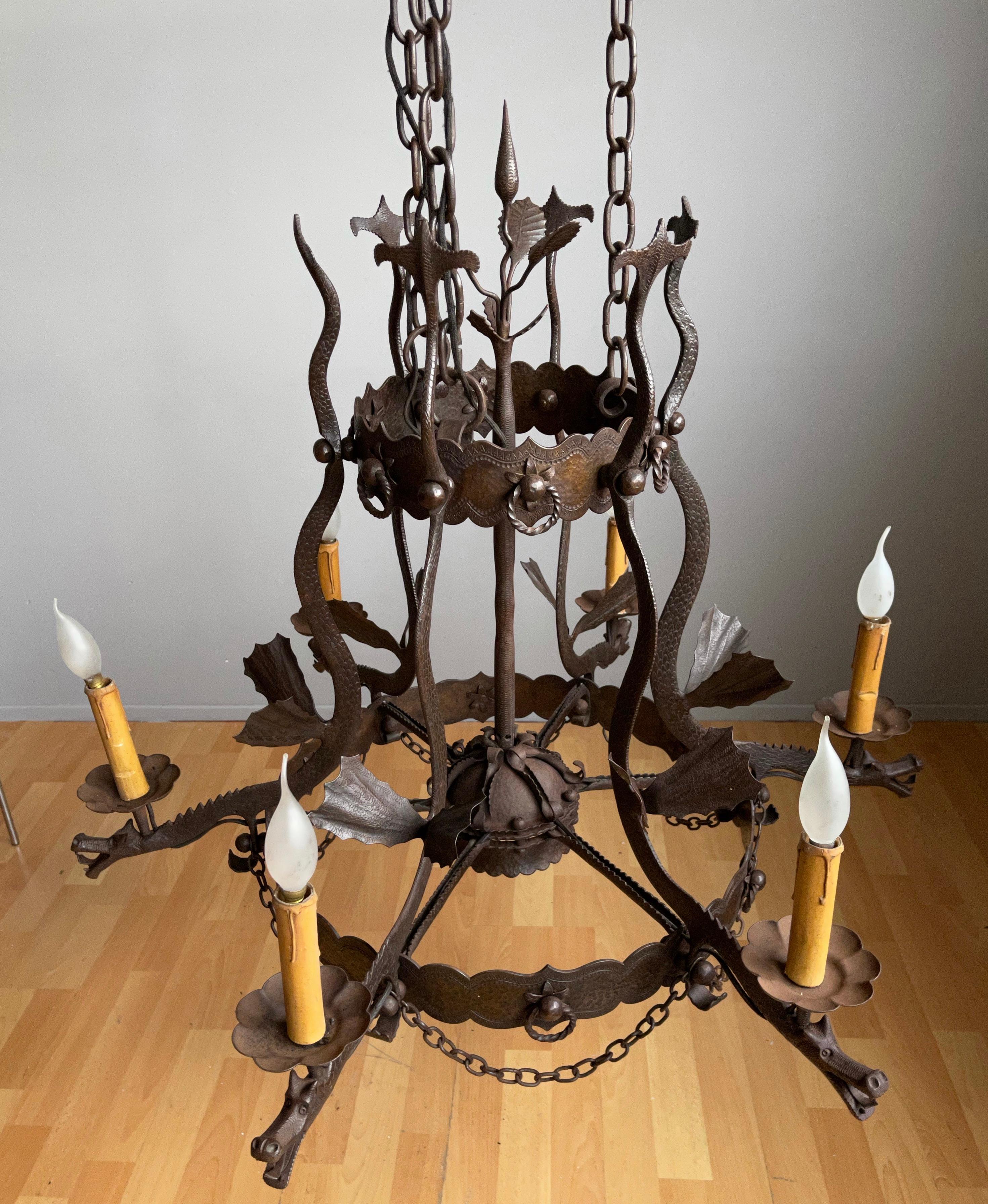 Impressive Large Forged Wrought Iron Seven-Light Chandelier w Dragon Sculptures 8