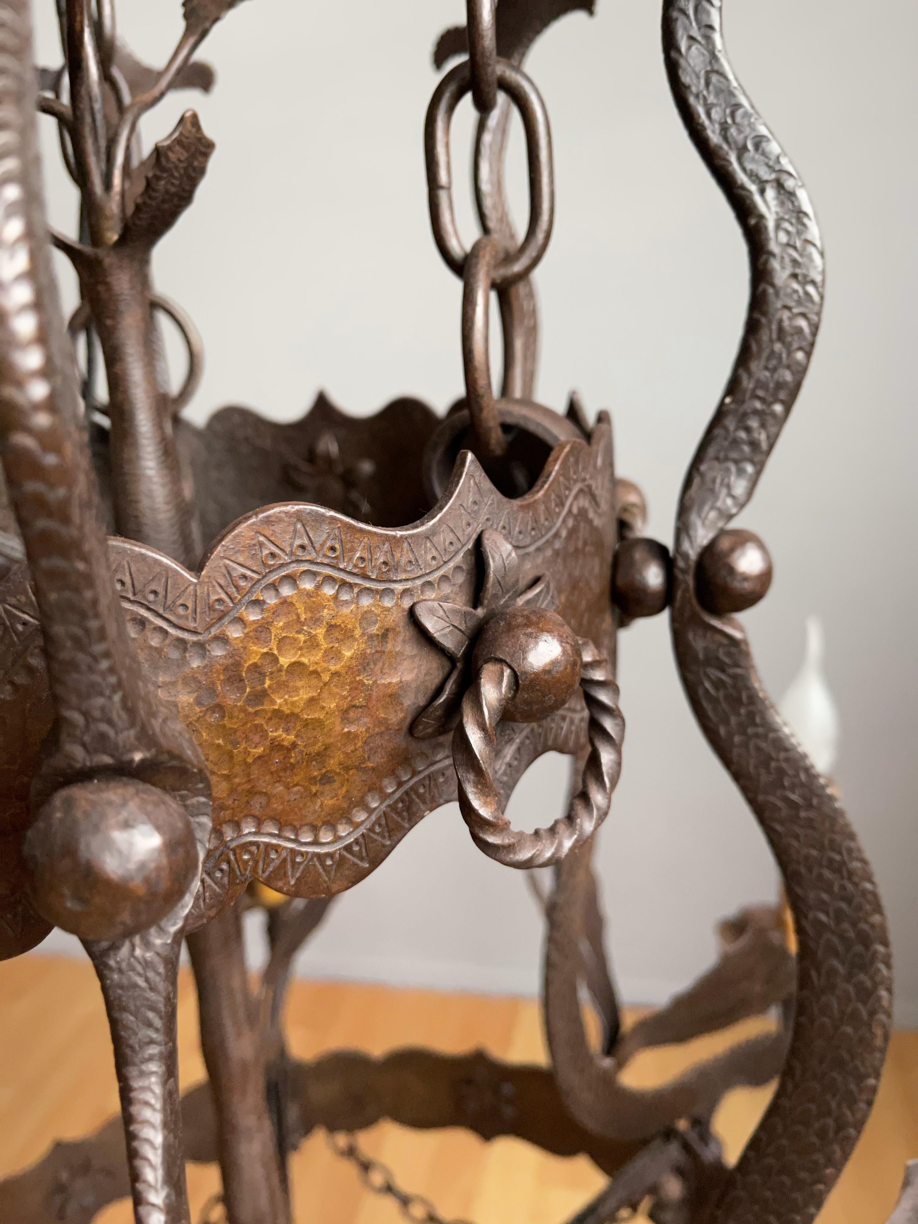 Impressive Large Forged Wrought Iron Seven-Light Chandelier w Dragon Sculptures 9