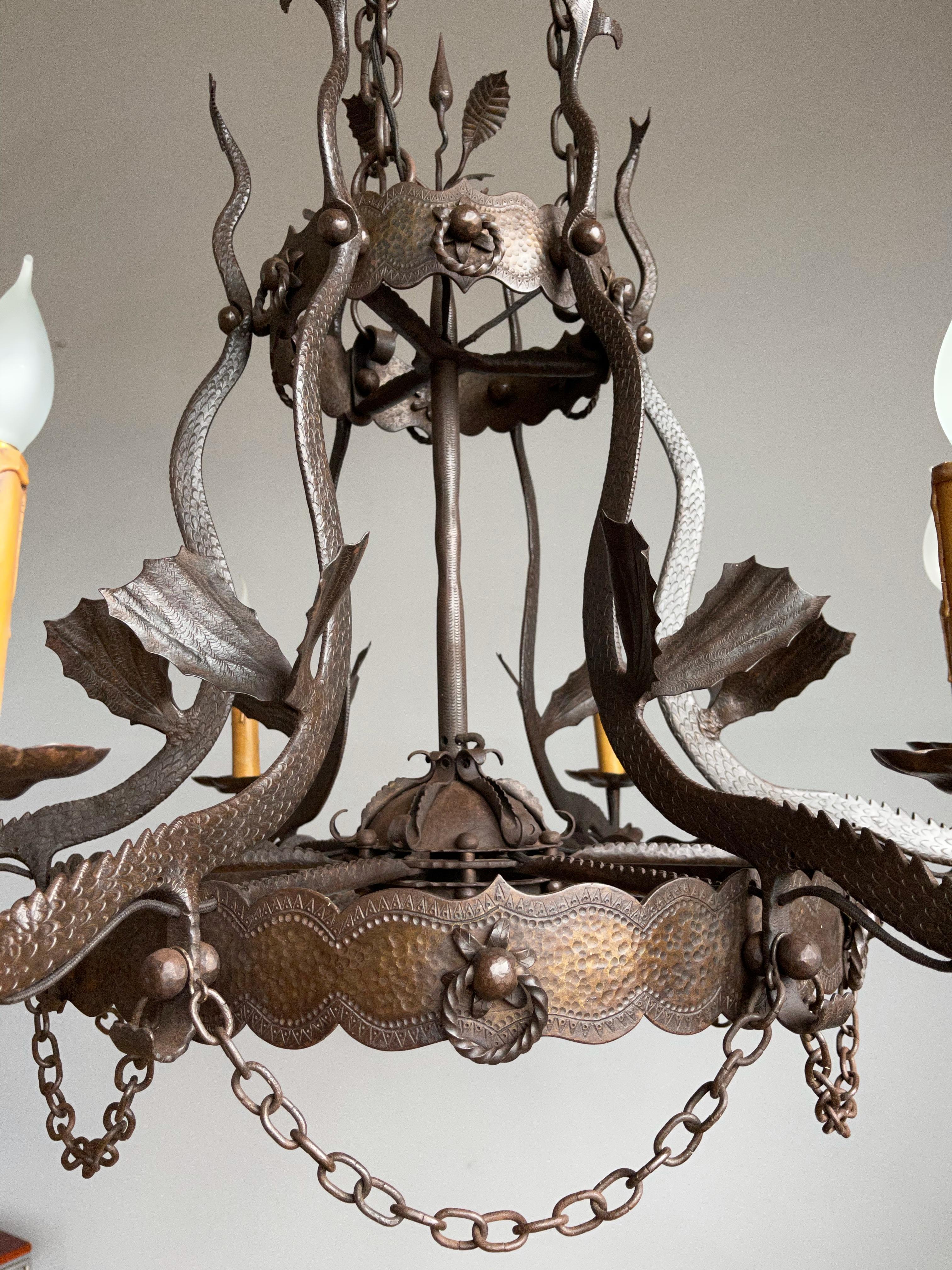 Impressive Large Forged Wrought Iron Seven-Light Chandelier w Dragon Sculptures 11