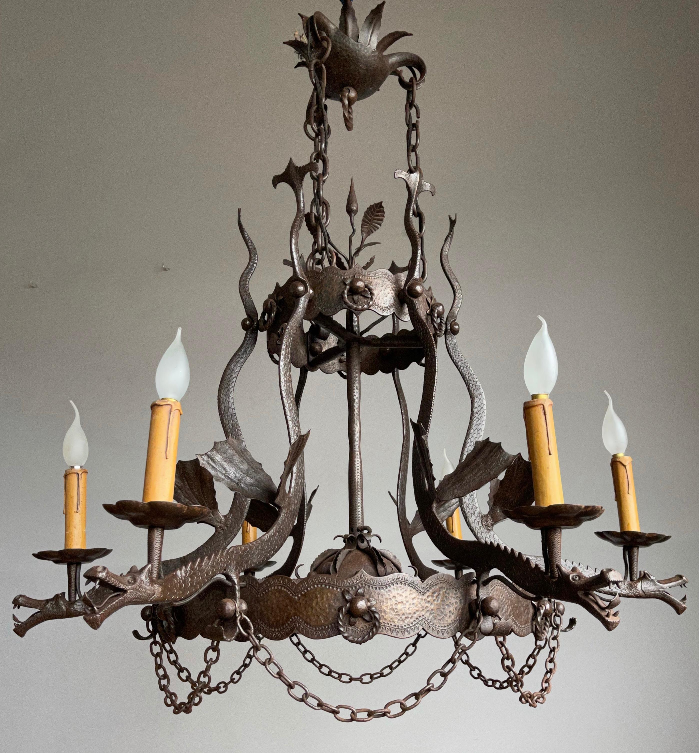 Impressive Large Forged Wrought Iron Seven-Light Chandelier w Dragon Sculptures 12