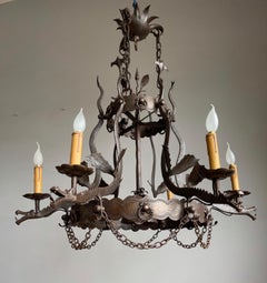 Impressive Large Forged Wrought Iron Seven-Light Chandelier w Dragon Sculptures