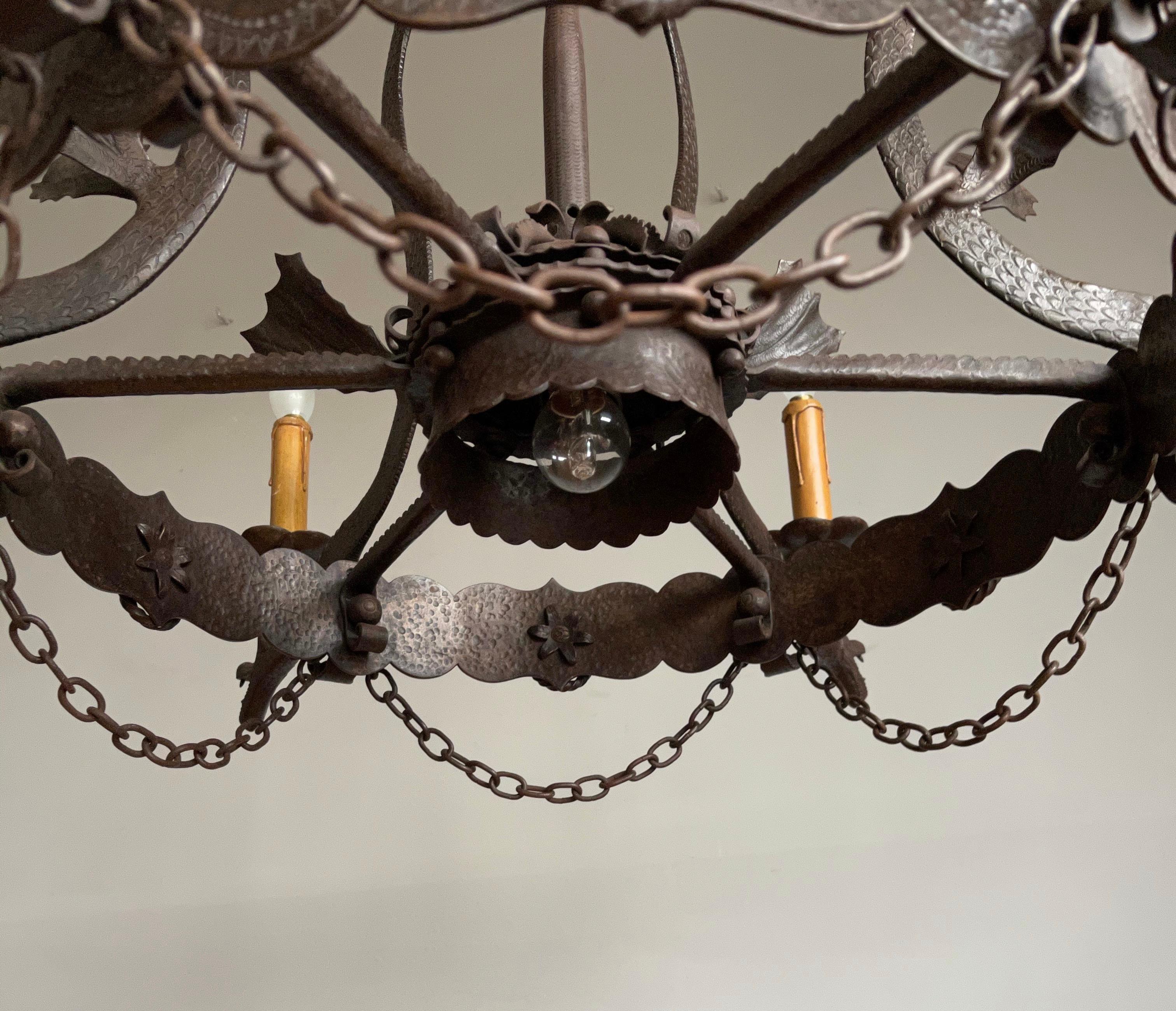 Impressive Large Forged Wrought Iron Seven-Light Chandelier w Dragon Sculptures 14