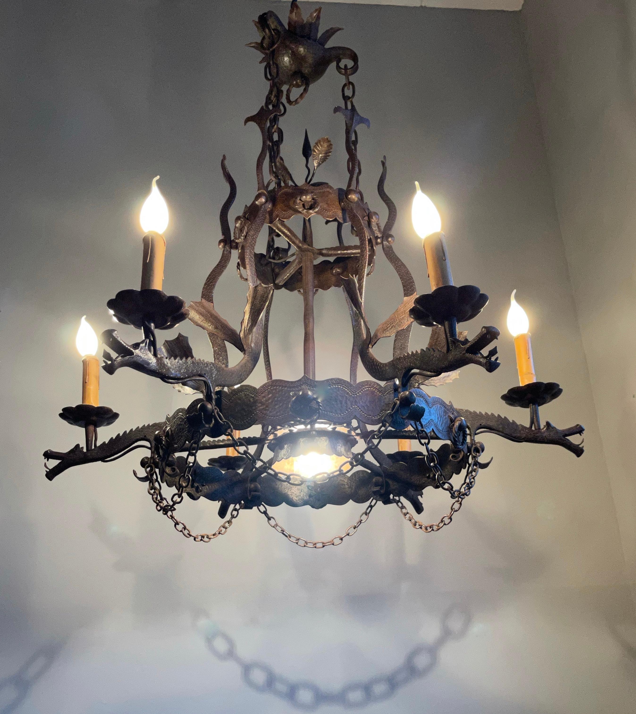 Gothic Revival Impressive Large Forged Wrought Iron Seven-Light Chandelier w Dragon Sculptures