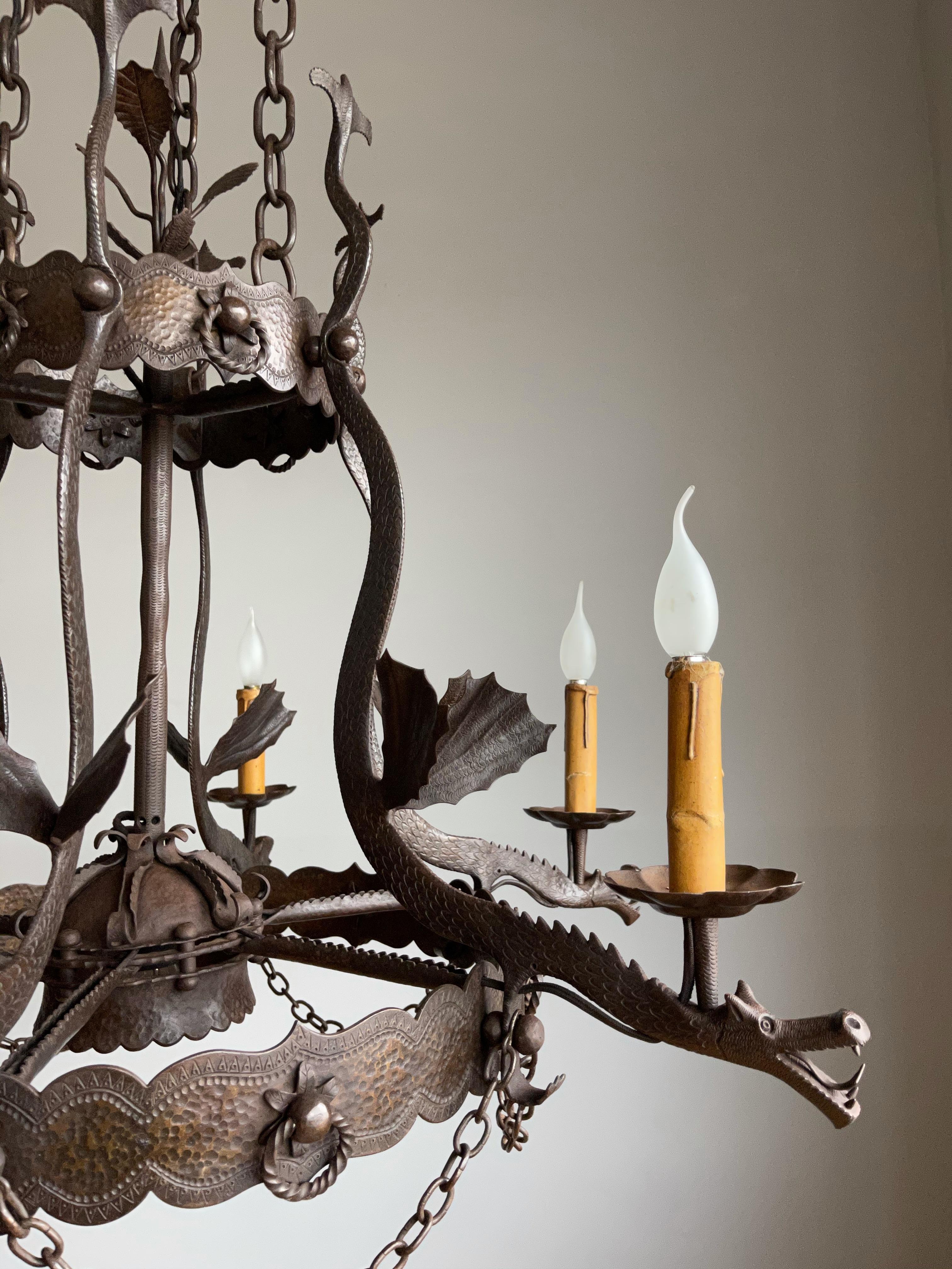 French Impressive Large Forged Wrought Iron Seven-Light Chandelier w Dragon Sculptures