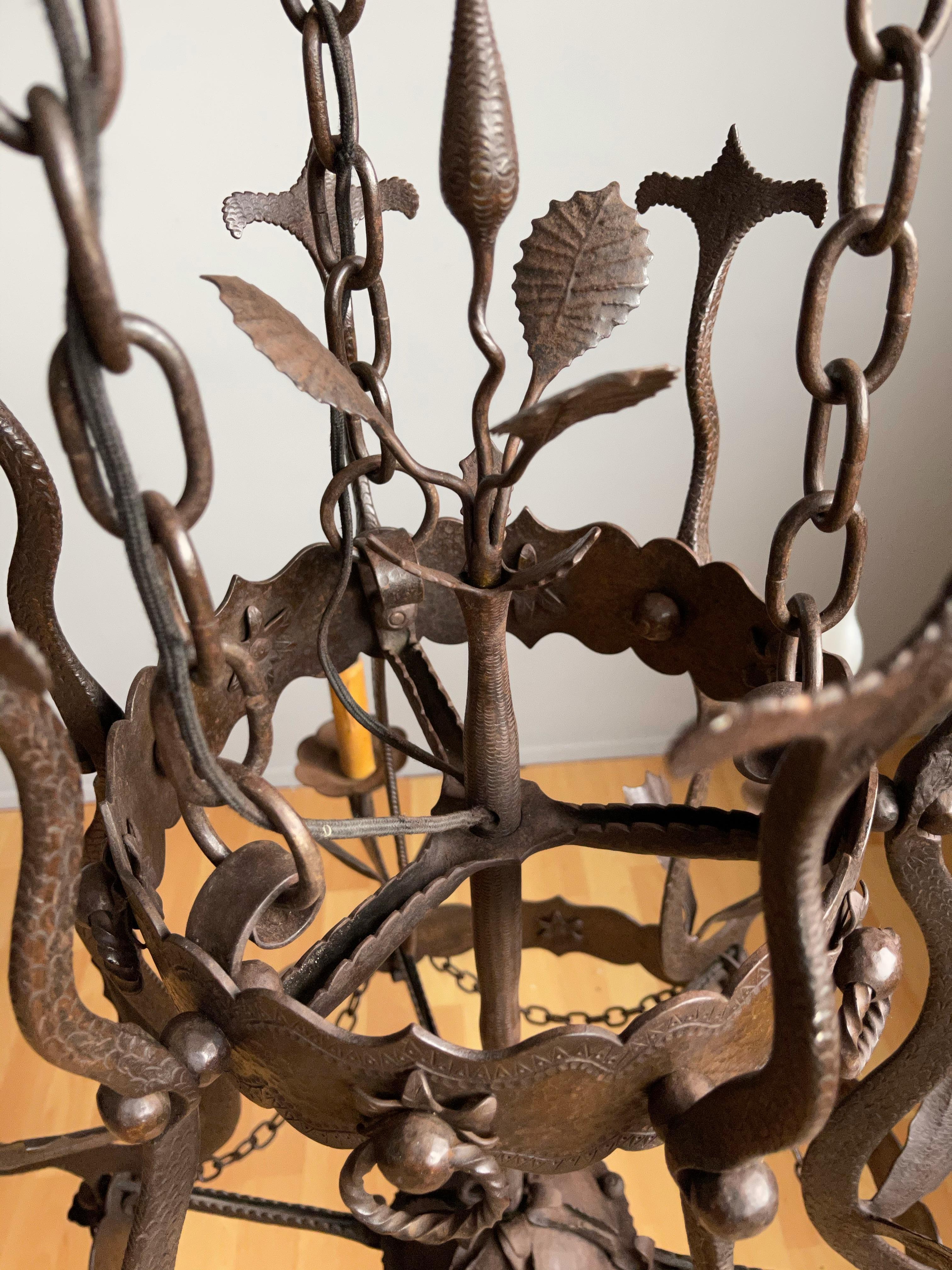 Impressive Large Forged Wrought Iron Seven-Light Chandelier w Dragon Sculptures In Excellent Condition In Lisse, NL