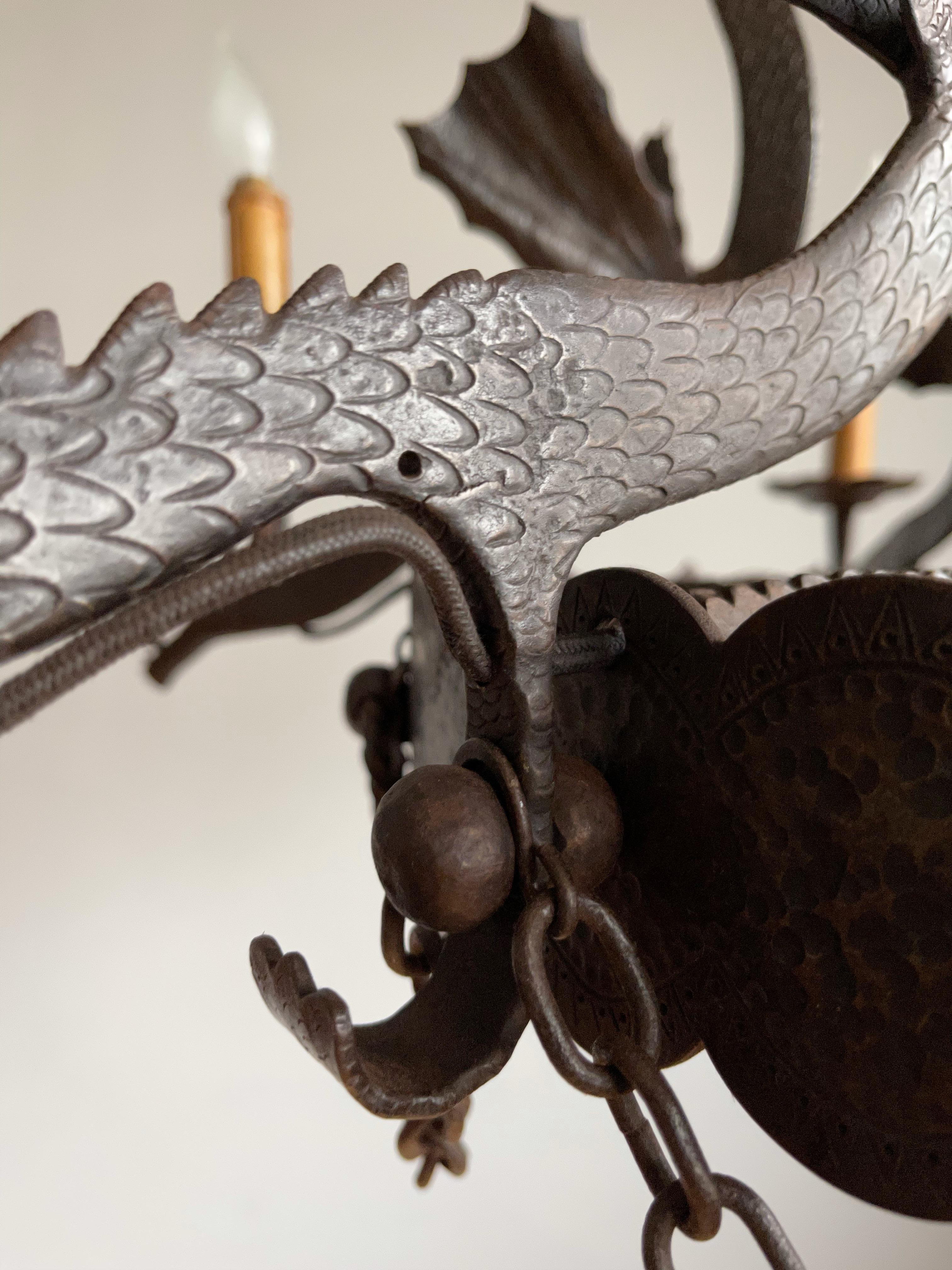 Impressive Large Forged Wrought Iron Seven-Light Chandelier w Dragon Sculptures 2